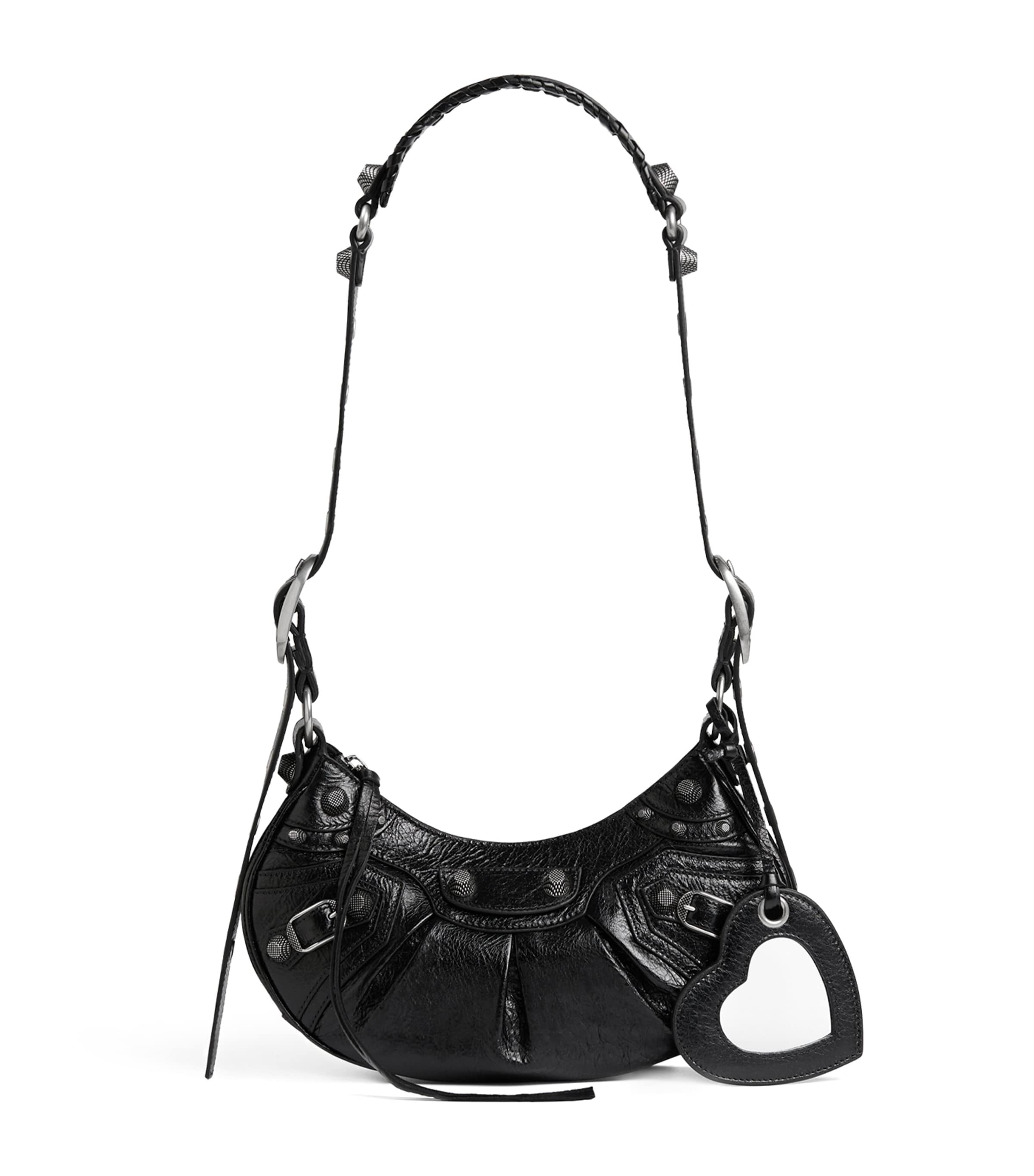 Balenciaga Croco-print Leather Crossbody Handbag With Decorative Studs And Buckles In Black