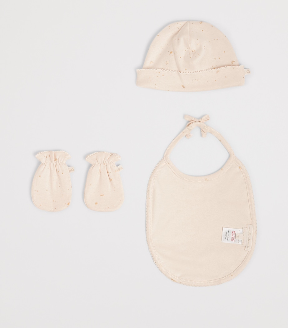 Marie-Chantal Cotton Bay Star Hat, Mittens and Bib Set White/gold Image 2