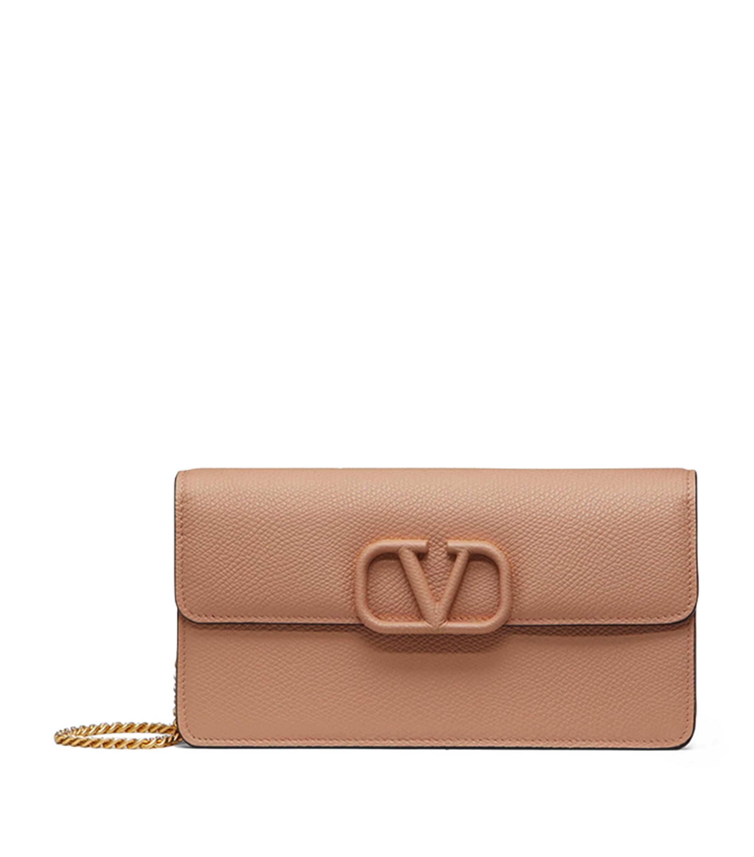 Valentino Garavani Leather Vlogo Signature Chain Wallet In Brown