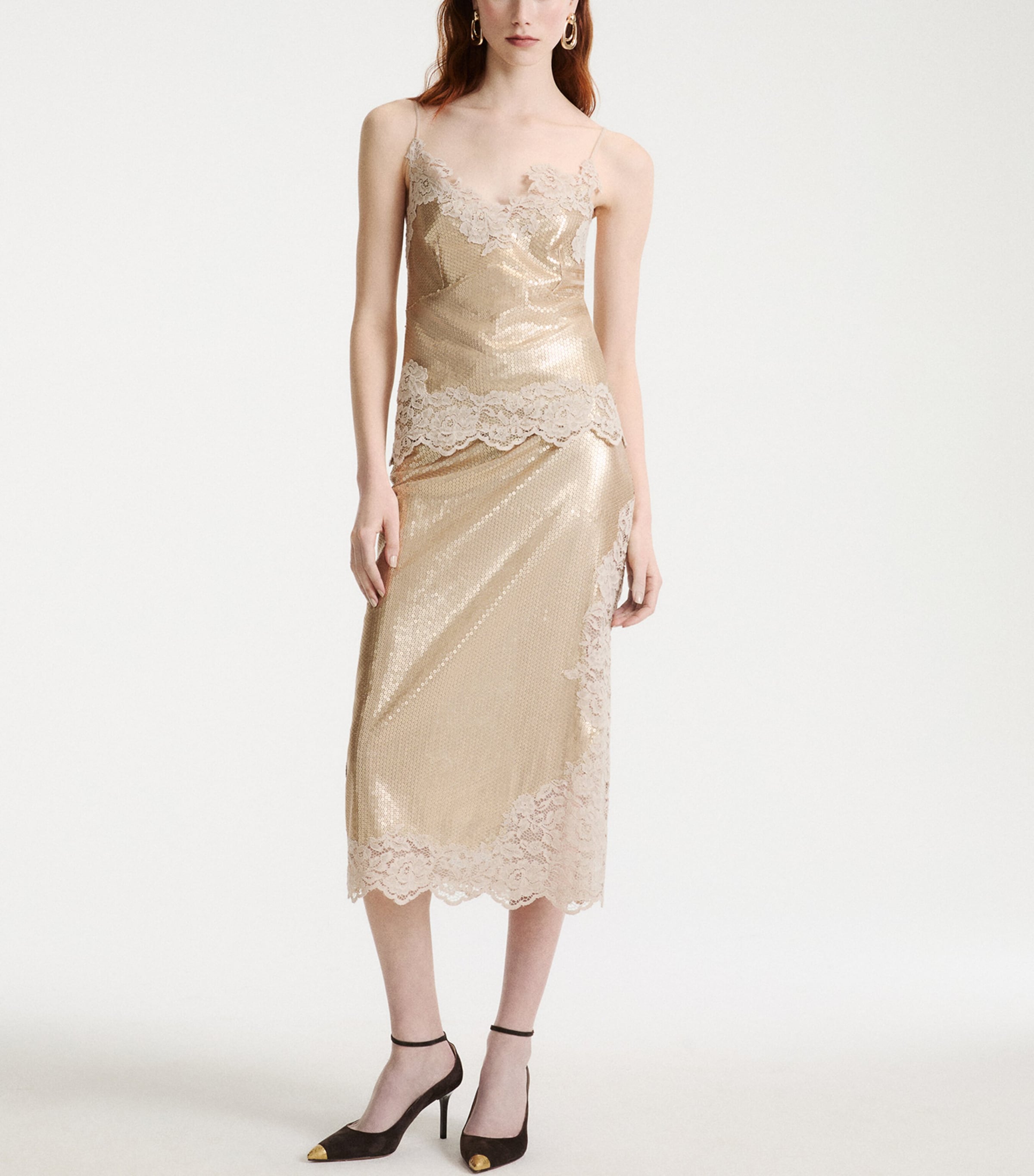 Marella Womens Sequin Lace-Trim Midi Skirt Platinum Image 4