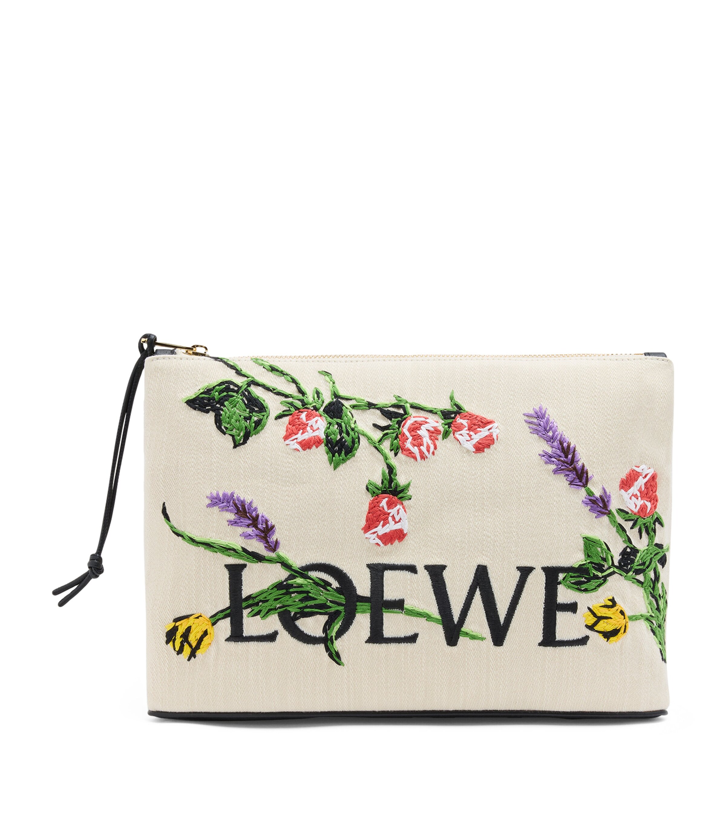 Loewe Oblong Pouch Bag In Canvas With Flowers In Beige