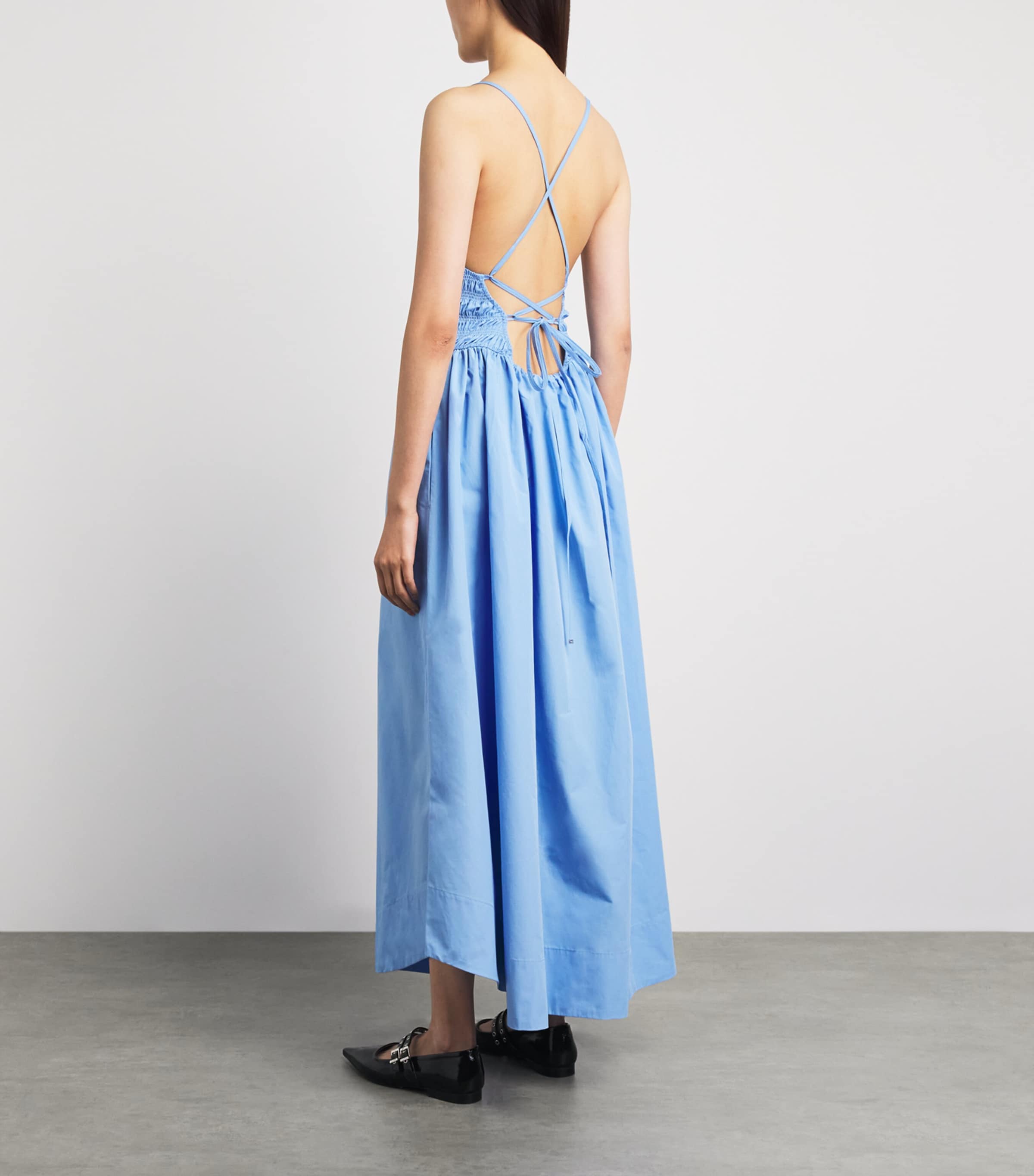GANNI Womens Organic Cotton Shirred Maxi Dress Zzl Azurine Image 4