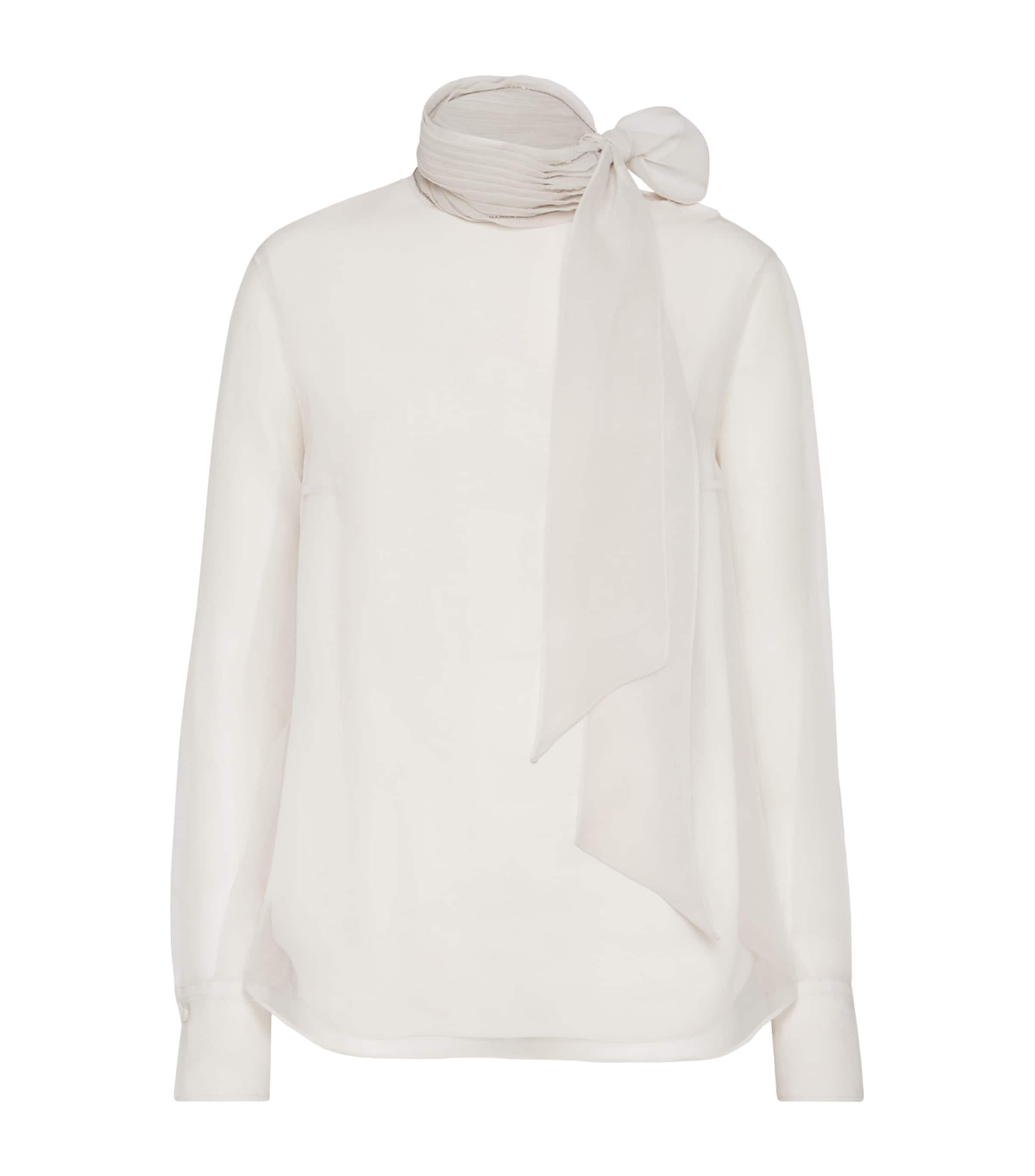 Brunello Cucinelli Silk Pussybow Long-sleeve Top In Sand