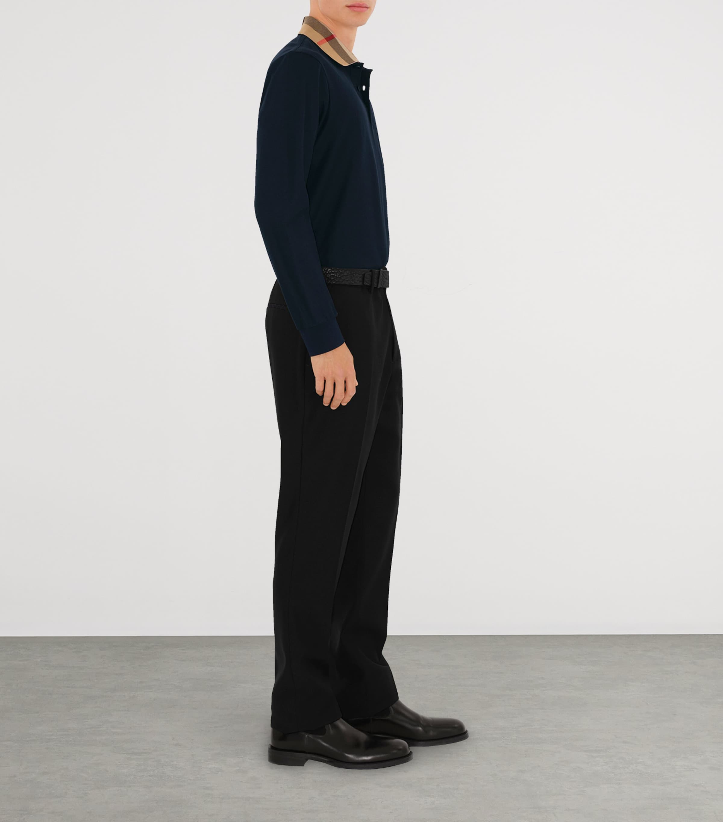 Cotton Check-Collar Long-Sleeve Polo Shirt SMOKED NAVY Image 3