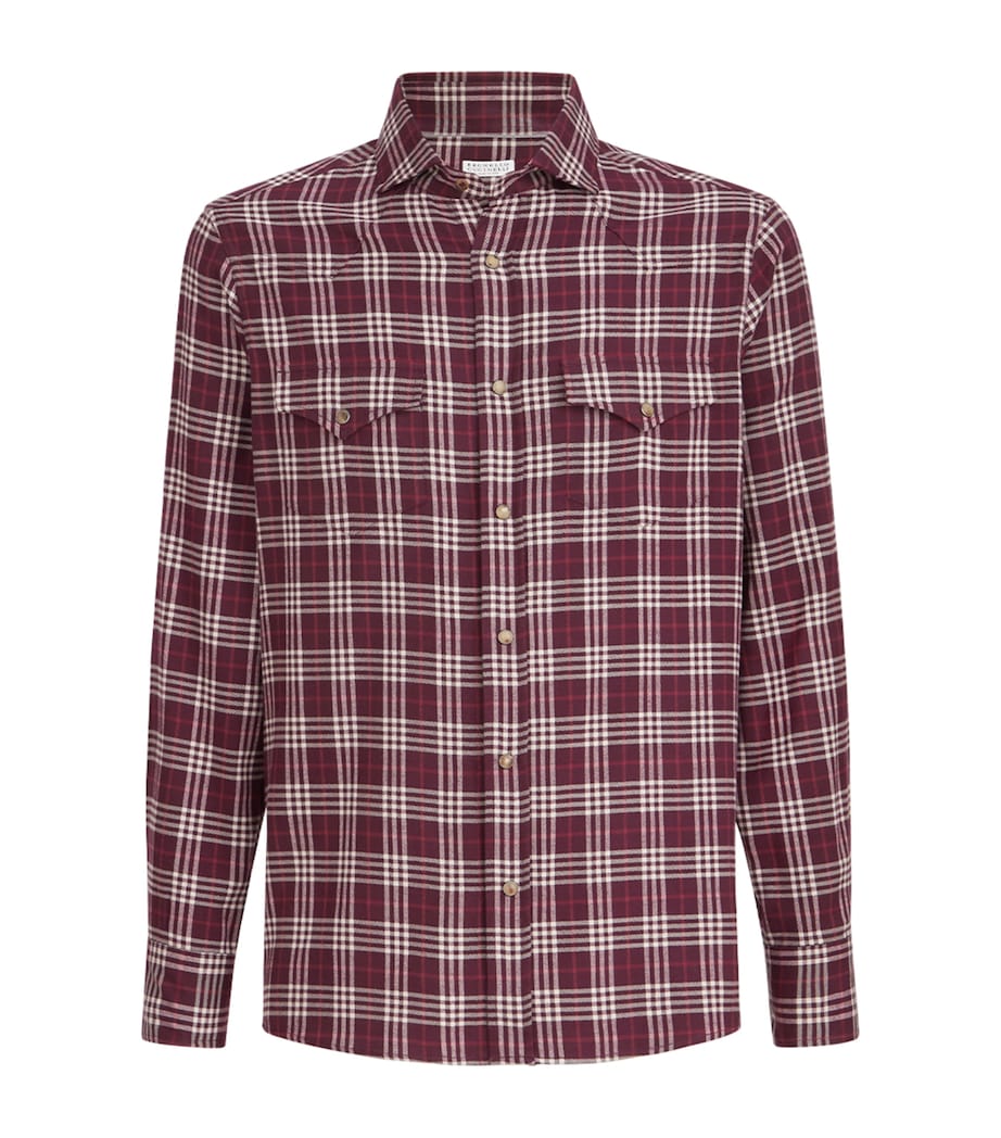 Brunello Cucinelli Mens Flannel Check Western Shirt Prugna Image 1