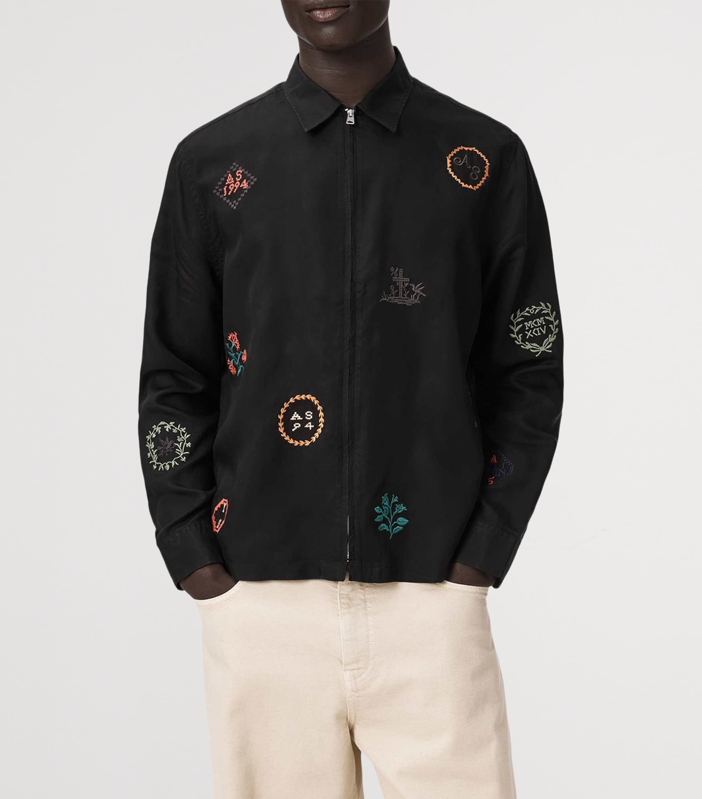 AllSaints Black Embroidered Zip-Up Shirt | Harrods UK
