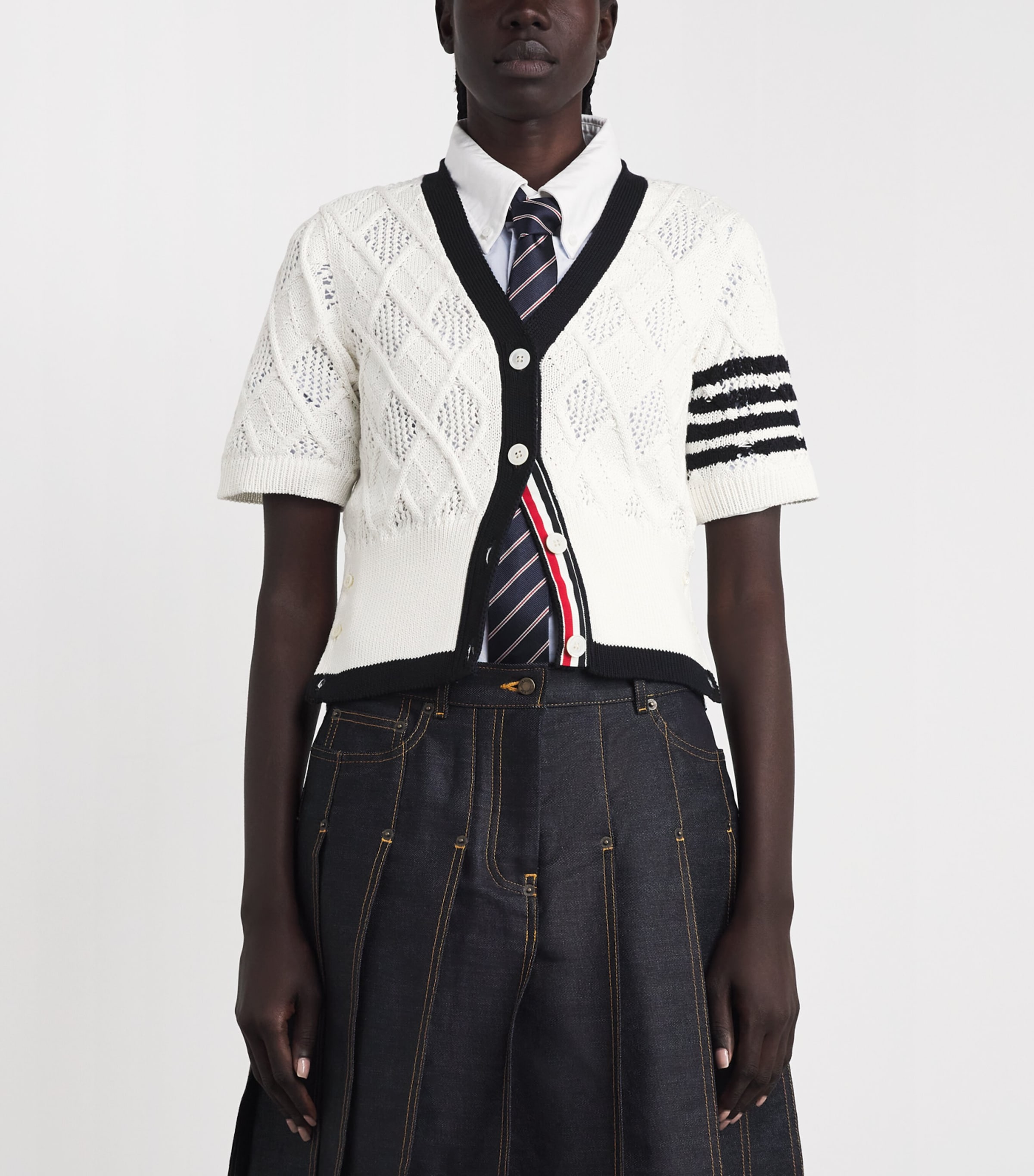 Thom Browne Womens Argyle Pointelle Knit Cardigan White Image 4