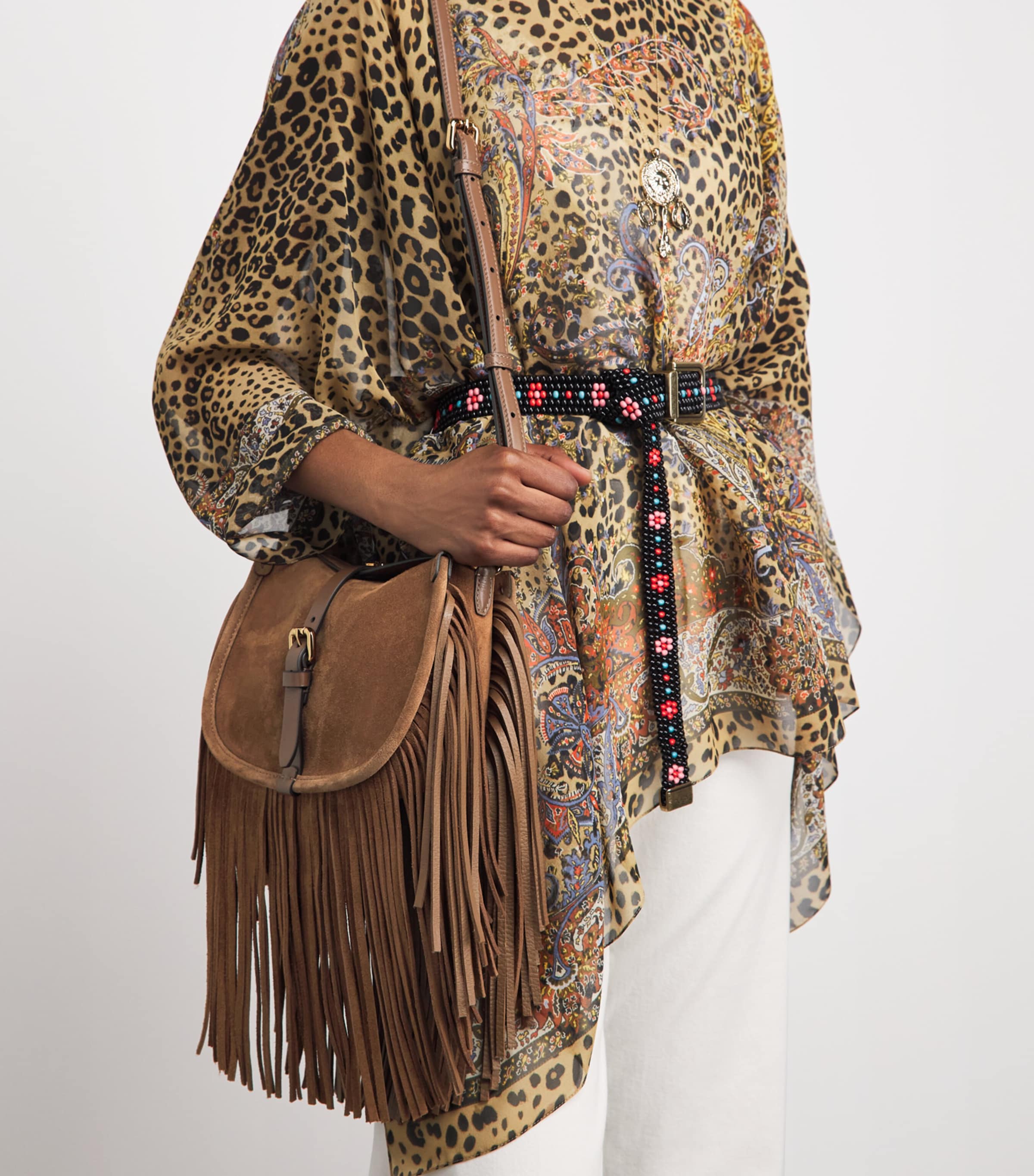 Etro Small Suede Fringed Pony Shoulder Bag Sand Image 4