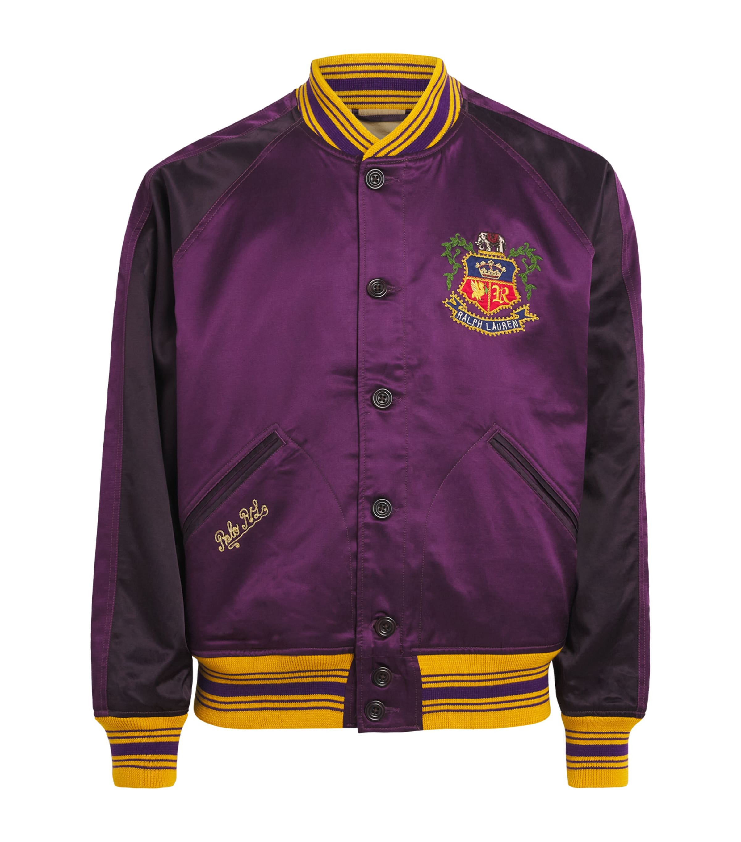 Polo Ralph Lauren Mens Satin Embroidered Bomber Jacket Brgnd Rs/st Prpl Mlt Image 1