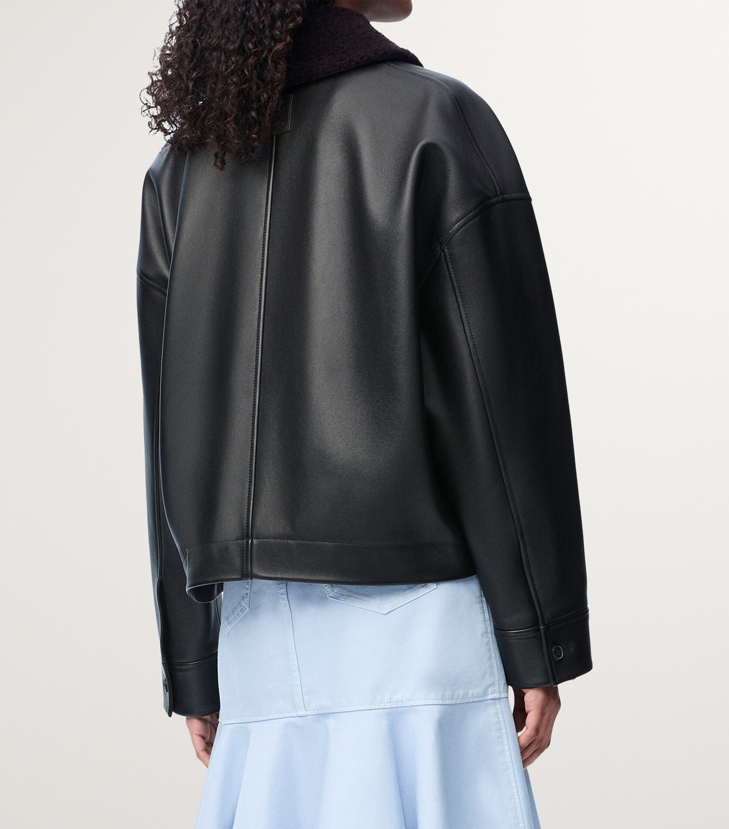 Leather Shearling-Collared Jacket BLACK Image 4