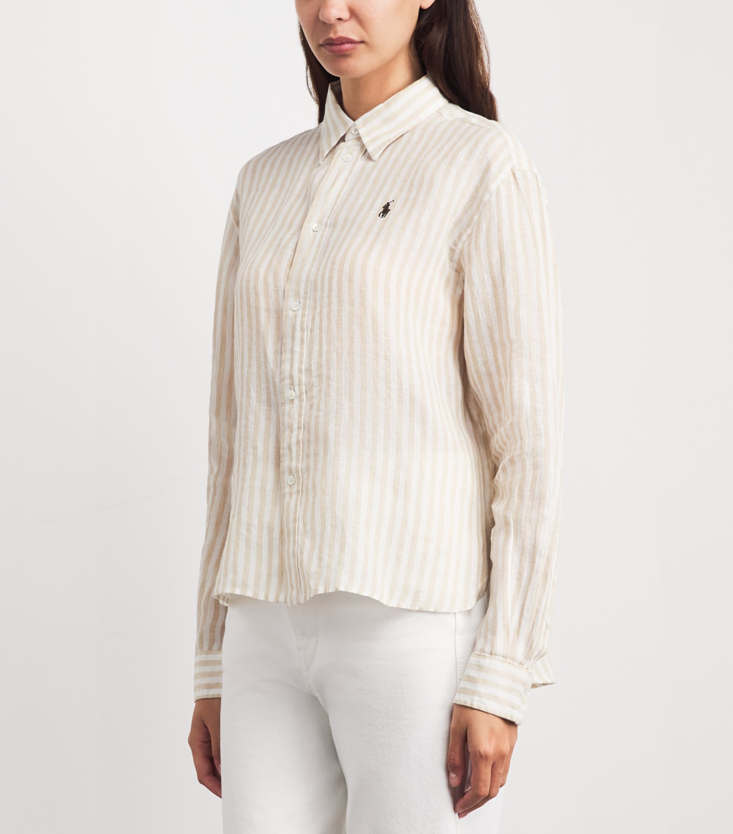 Polo Ralph Lauren Womens Linen Cropped Stripe Shirt Dune Tan/white Image 4