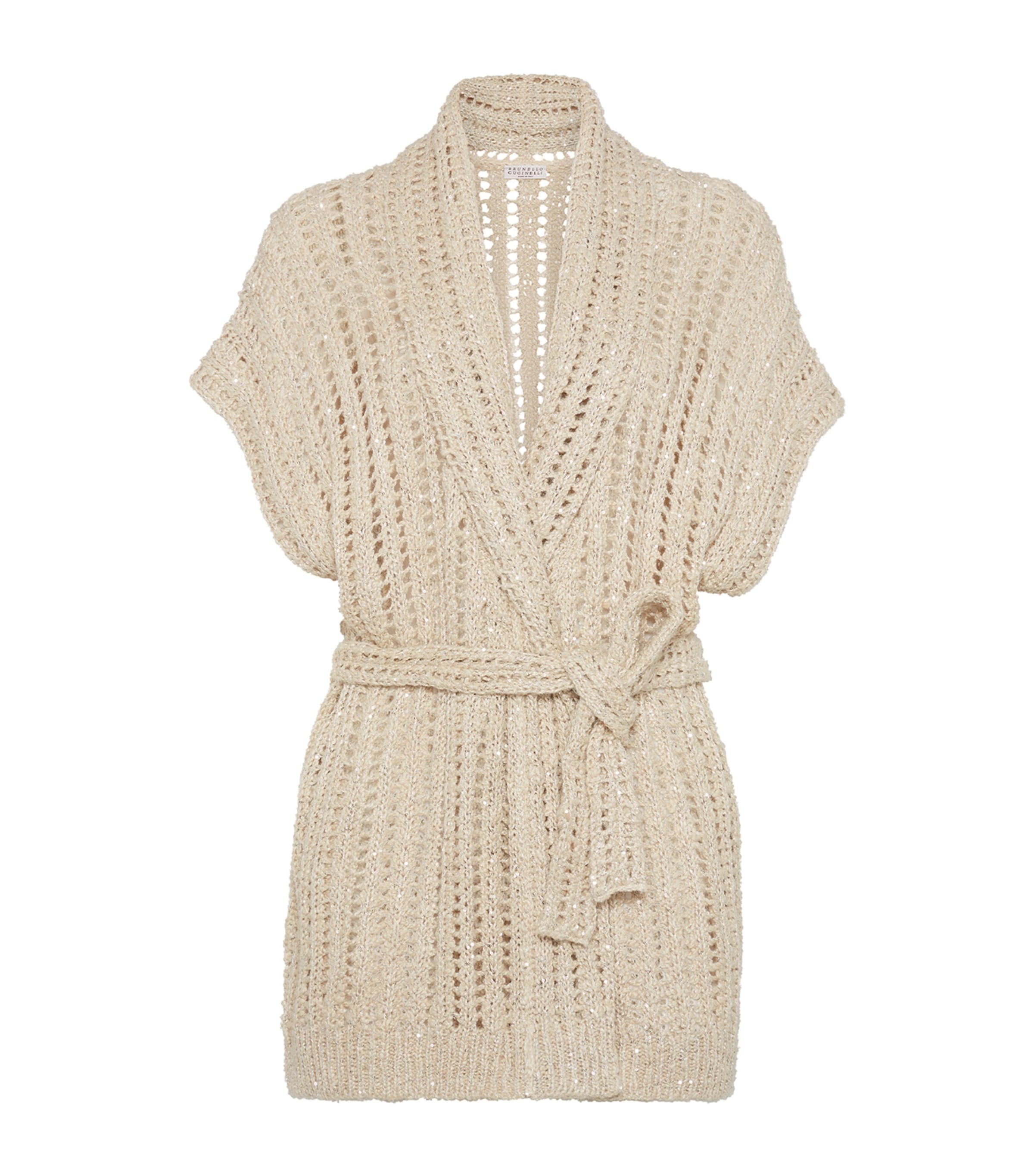Brunello Cucinelli Dazzling Silk And Linen-blend Wrap Cardigan In Beige