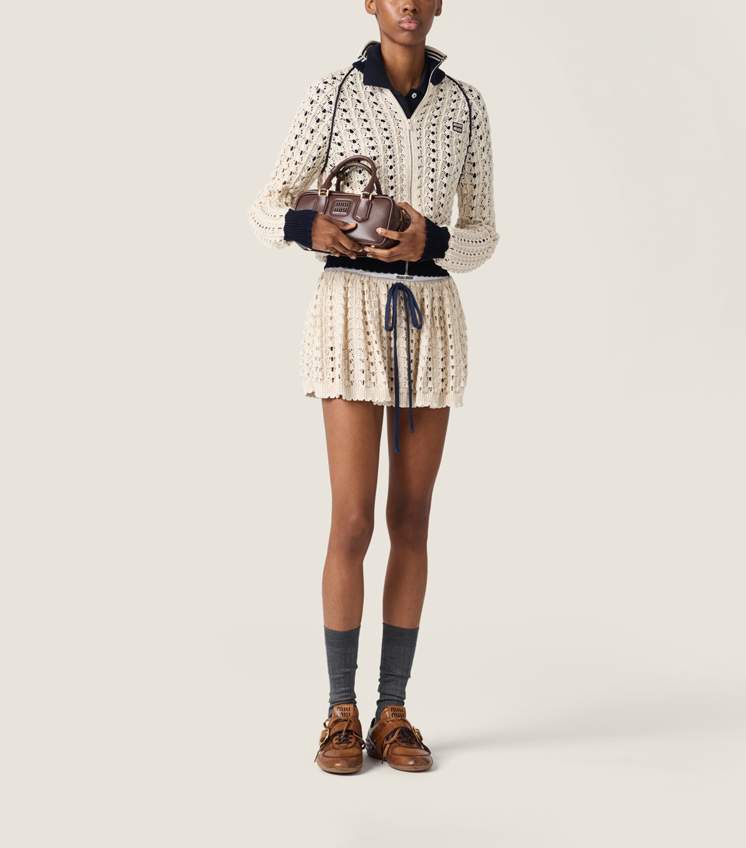Miu Miu Womens Cotton Openwork-Knit Mini Skirt Neutral Image 2