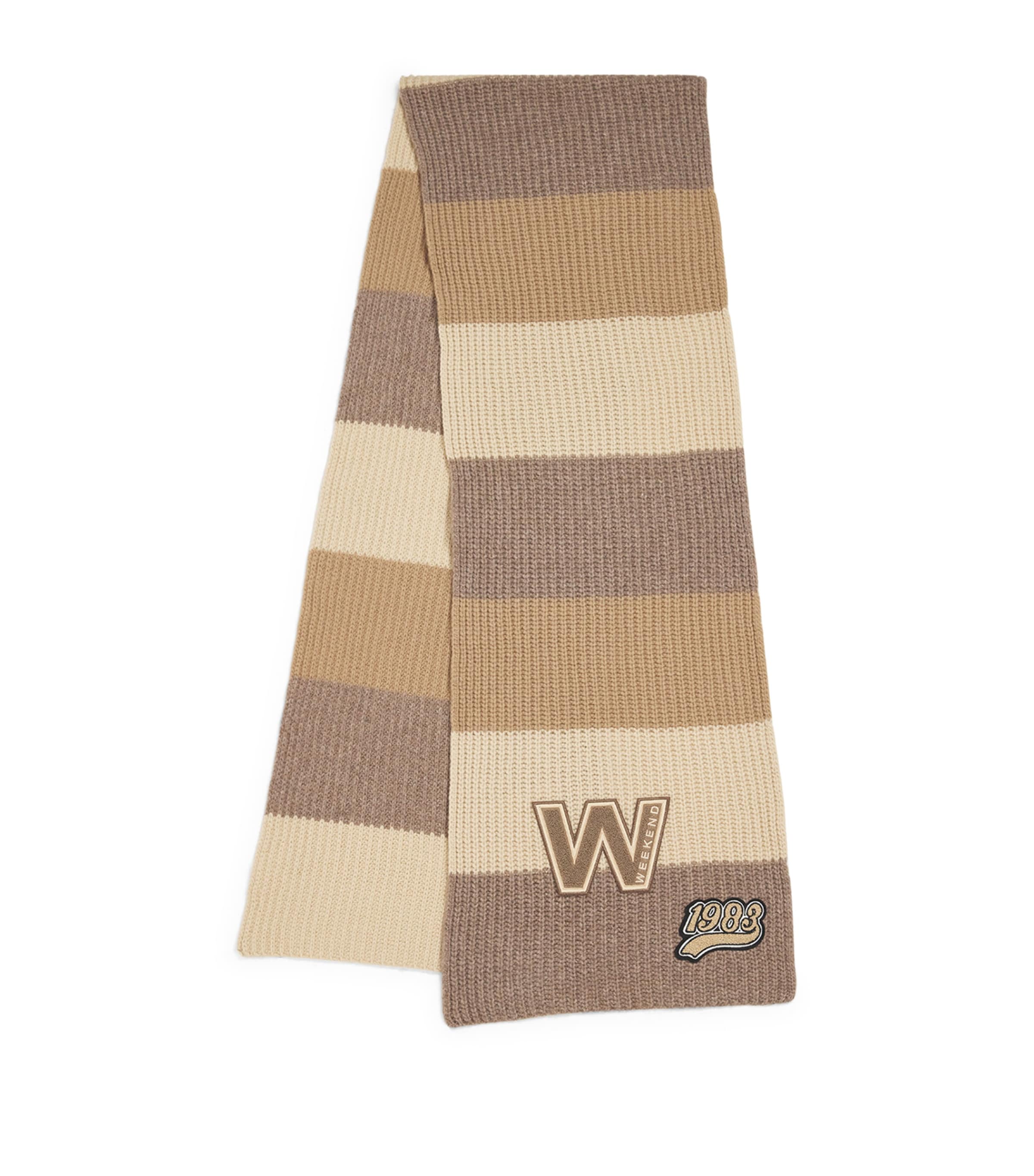 Weekend Max Mara Virgin Wool Striped Logo Scarf In Brown