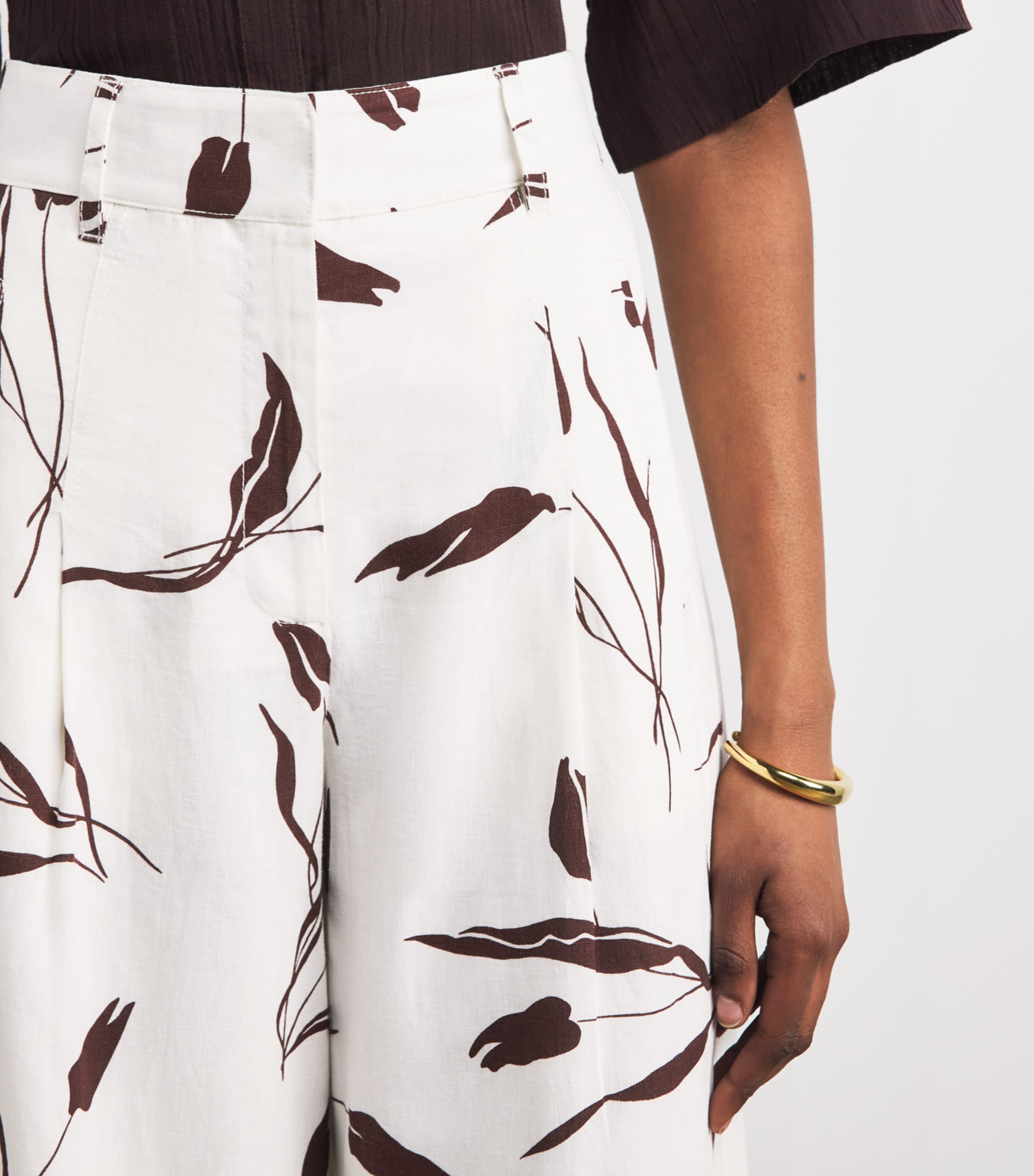 ME+EM Womens Linen-Blend Tulip Print Wide-Leg Trousers Light Cream/brown Image 3