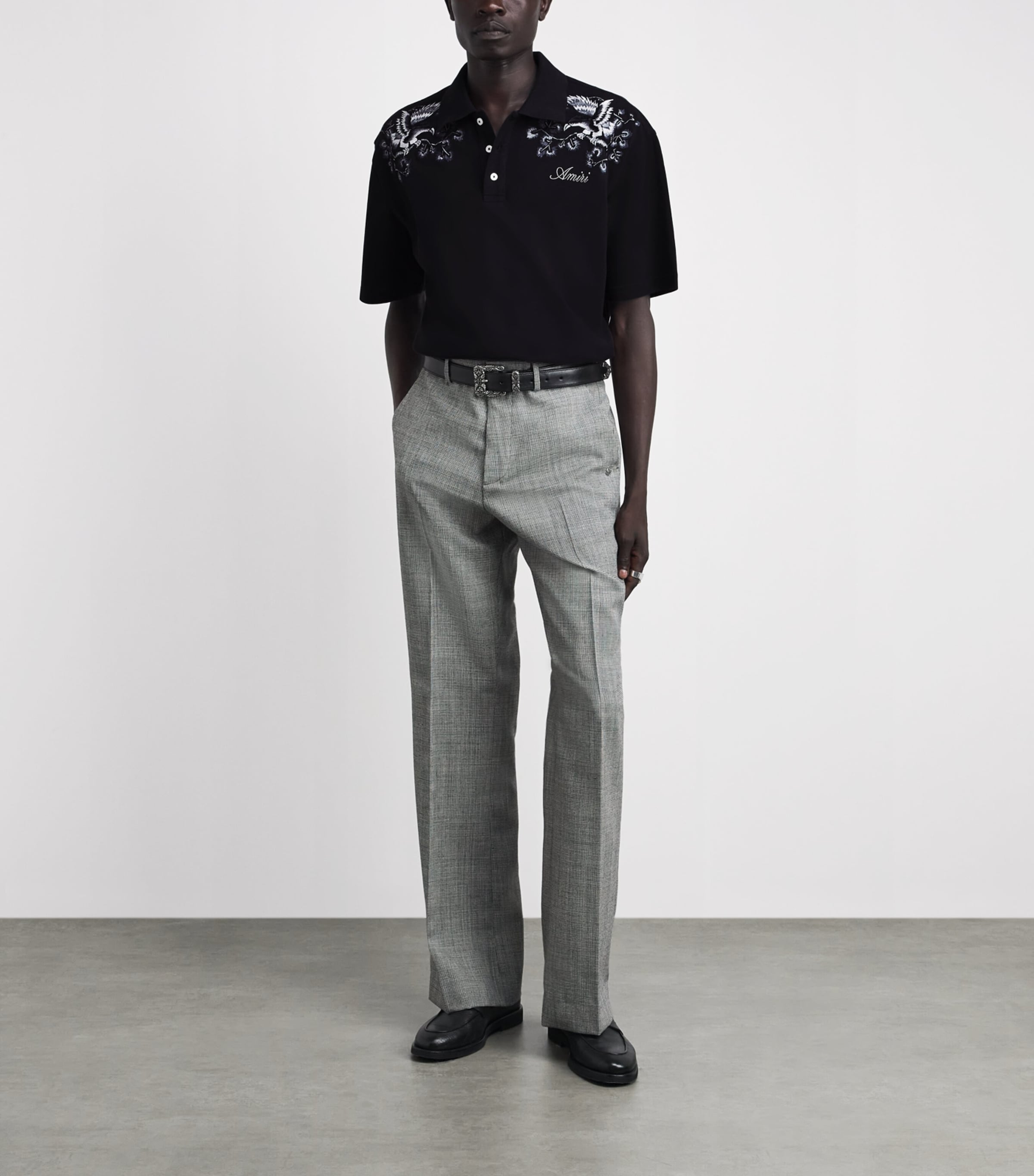 AMIRI Mens Cotton Floral-Embroidered Polo Shirt Black Image 2