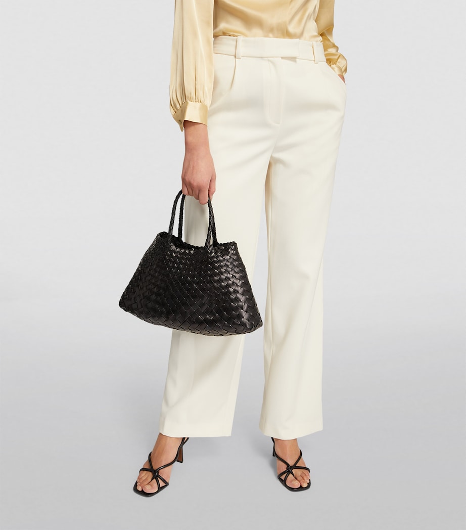 Small Leather Woven Santa Croce Tote Bag BLACK Image 4