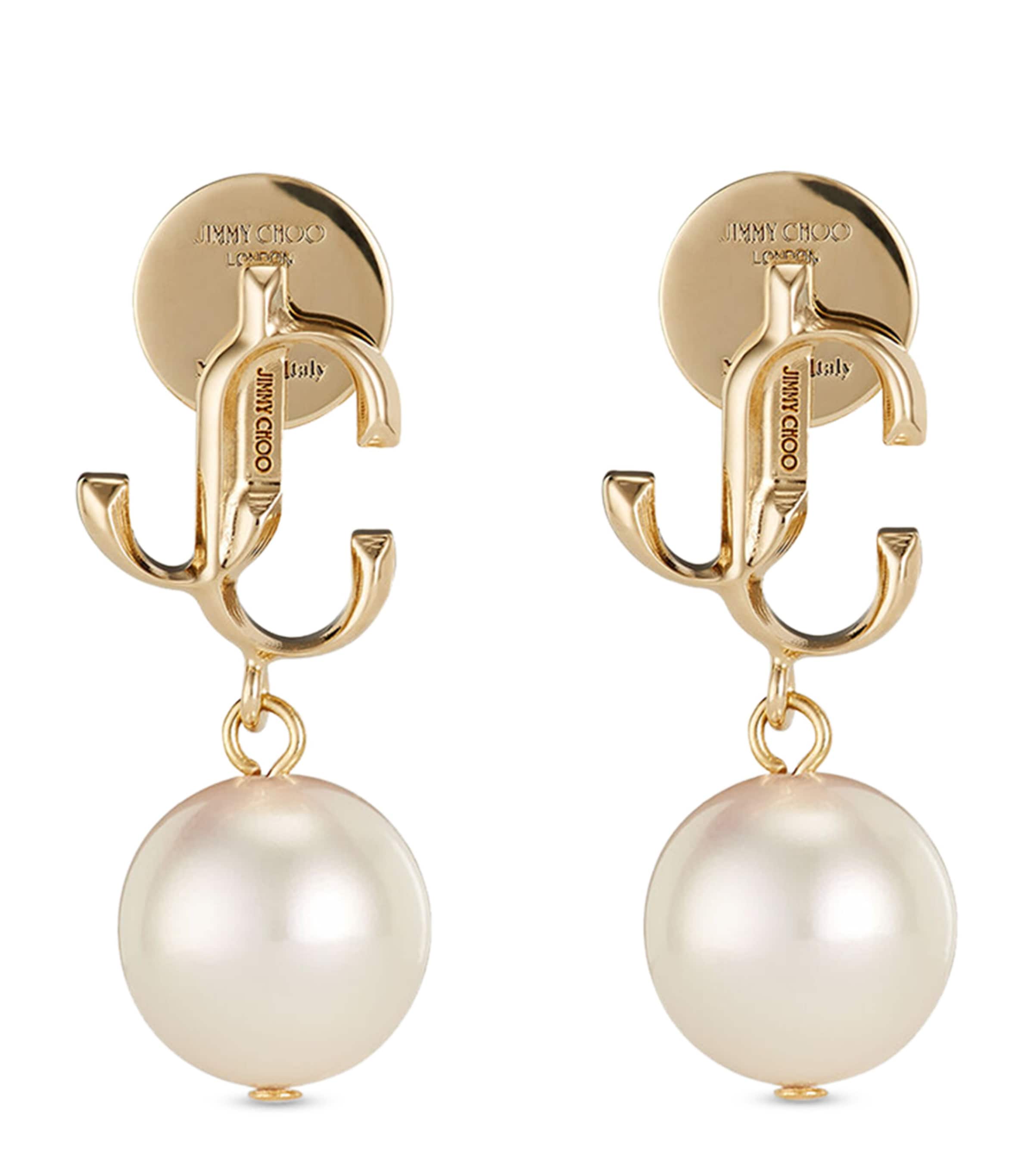 Jimmy Choo Logo-lettering Pearl Earrings In Gold