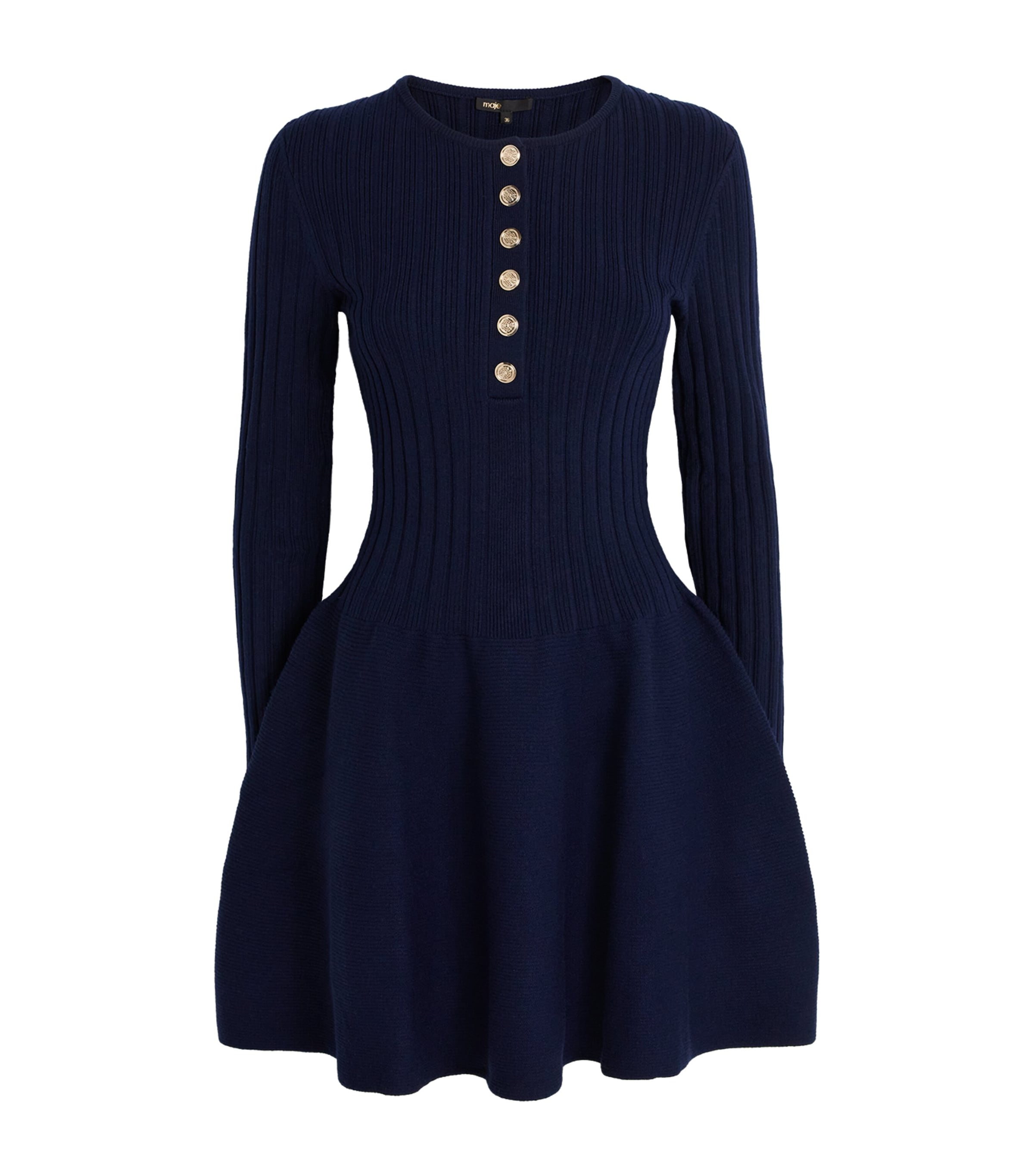 Maje Womens Navy Round-neck Flared-skirt Stretch-knit Mini Dress In Blue