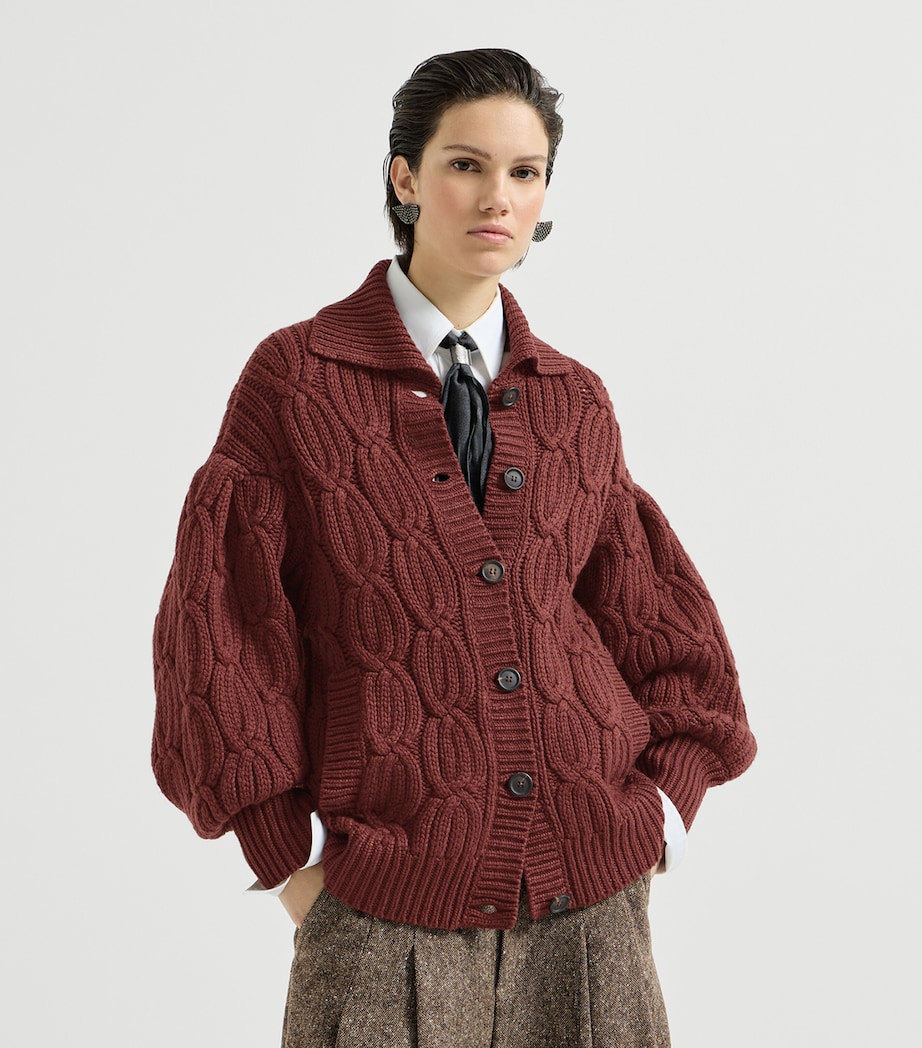 Brunello Cucinelli Womens Cashmere Cable-Knit Heritage Cardigan Red Bean Image 2