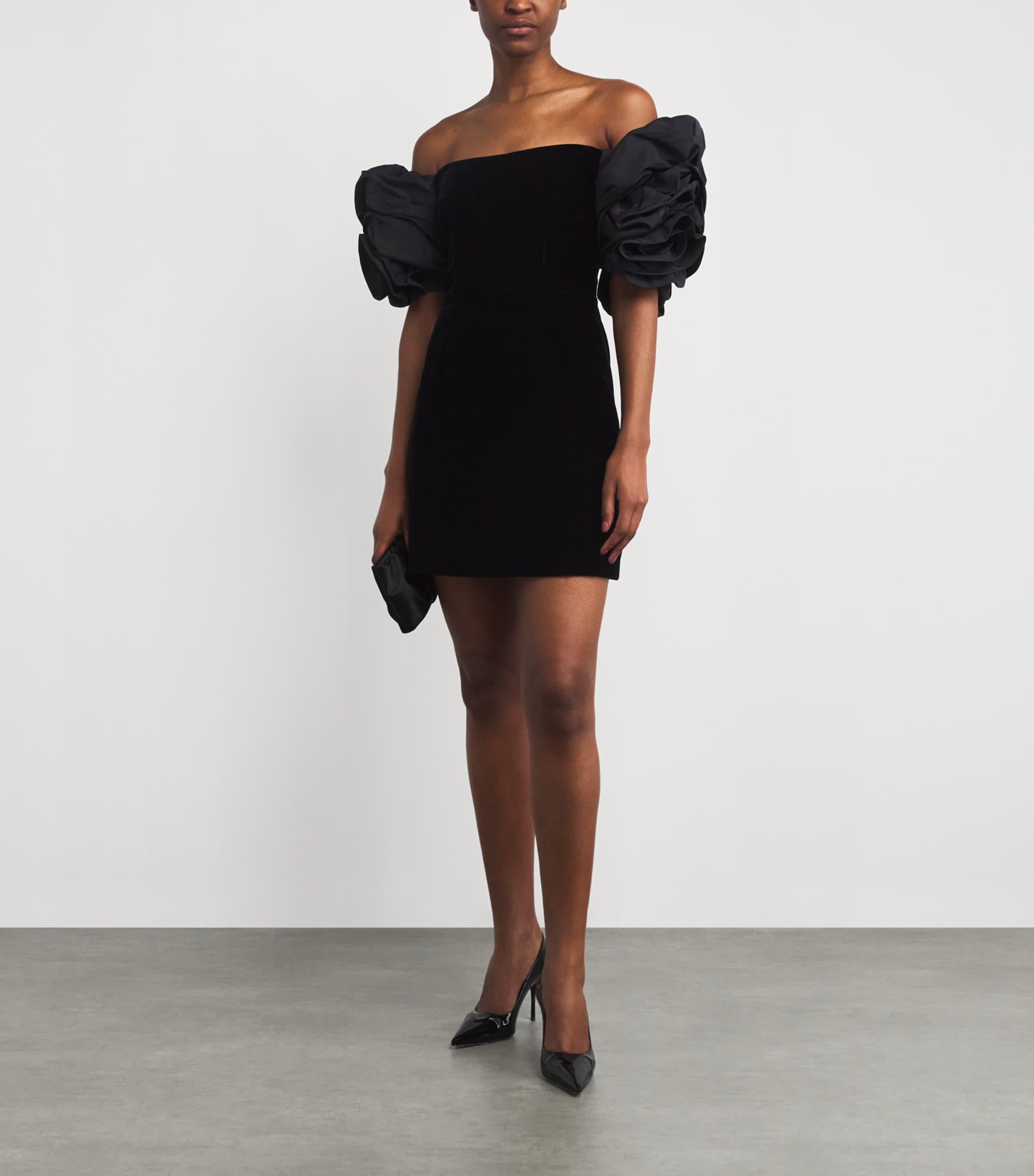 Stretch-Velvet Rosette Mini Dress 001 BLACK Image 2