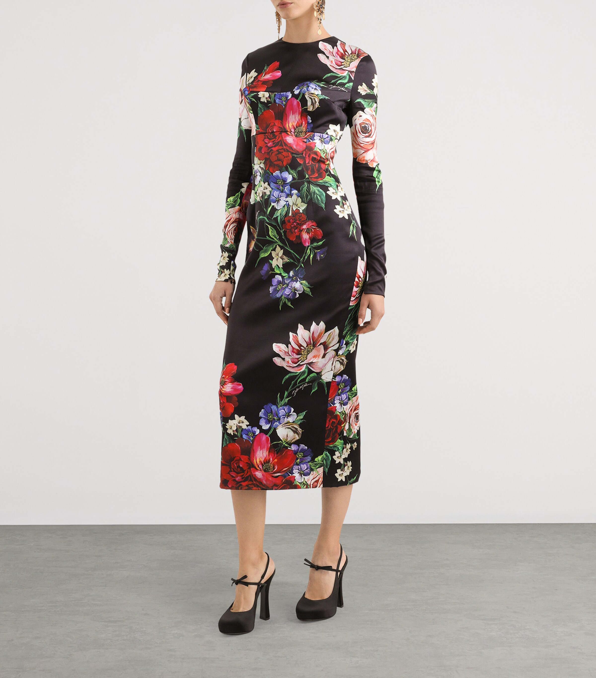 ワンピース DOLCE & GABBANA STRETCH SATIN MIDI DRESS WITH FLORAL PRINT Dolce & Gabbana - Blue Floral Print Stretch Silk Midi Dress