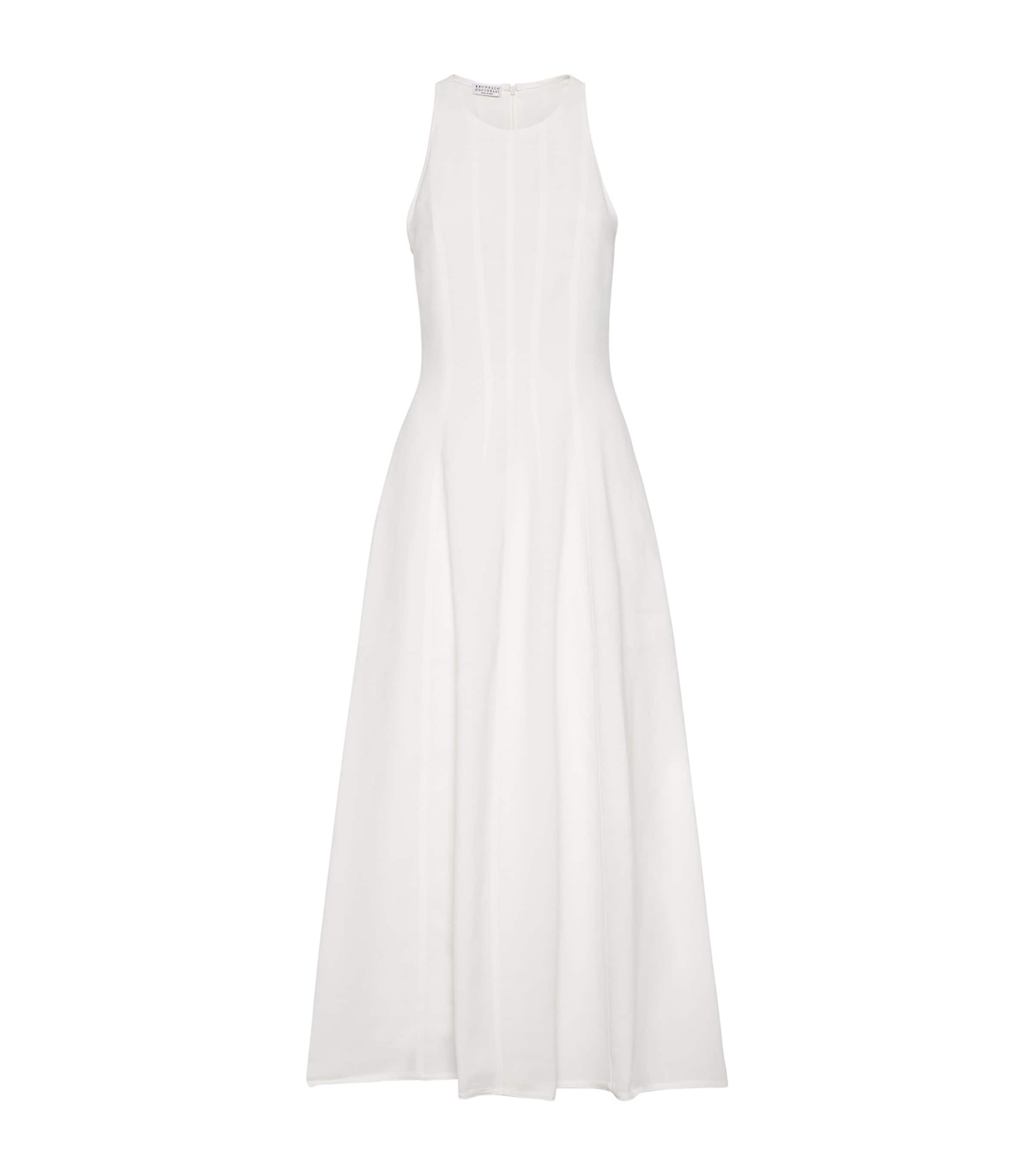 Brunello Cucinelli Fluid Twill Sleeveless Midi Dress In White