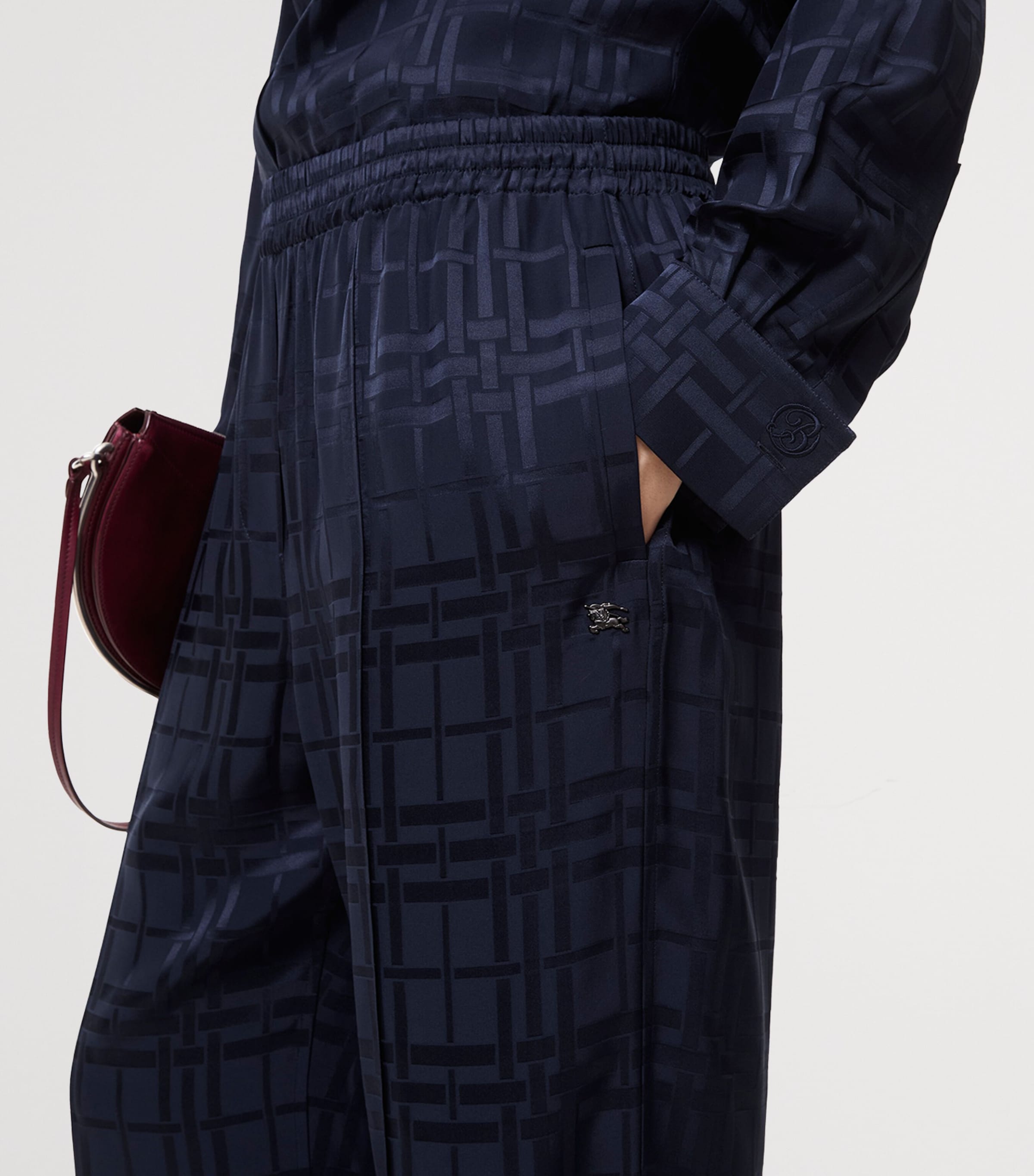 Burberry Womens Silk Check Straight-Leg Trousers Dark Ink Blue Ip Chk Image 3