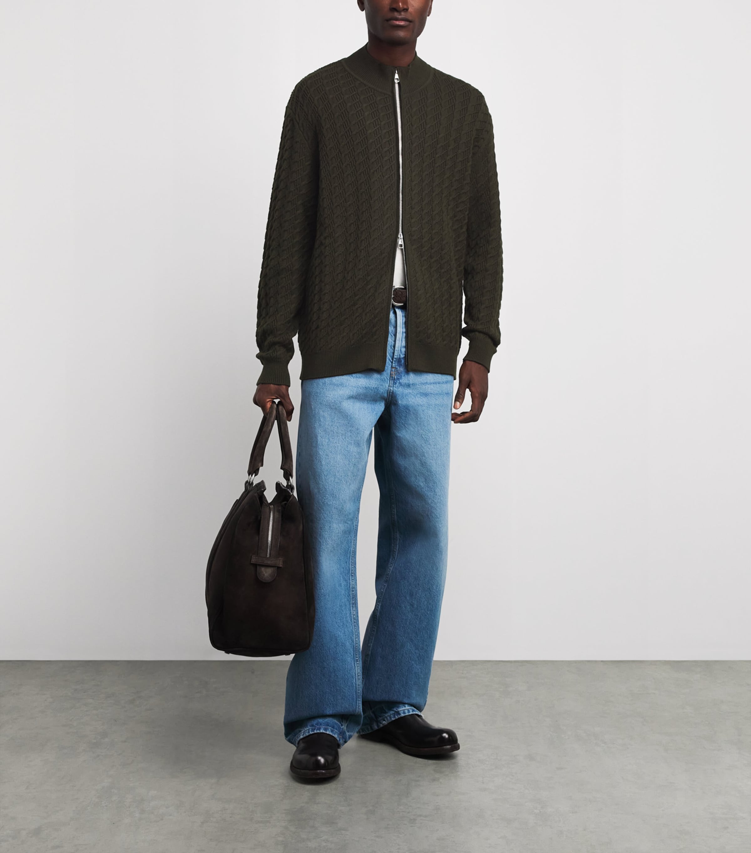 Brett Johnson Mens Virgin Wool Cable-Knit Zip-Up Cardigan Verde Nocturne Image 2