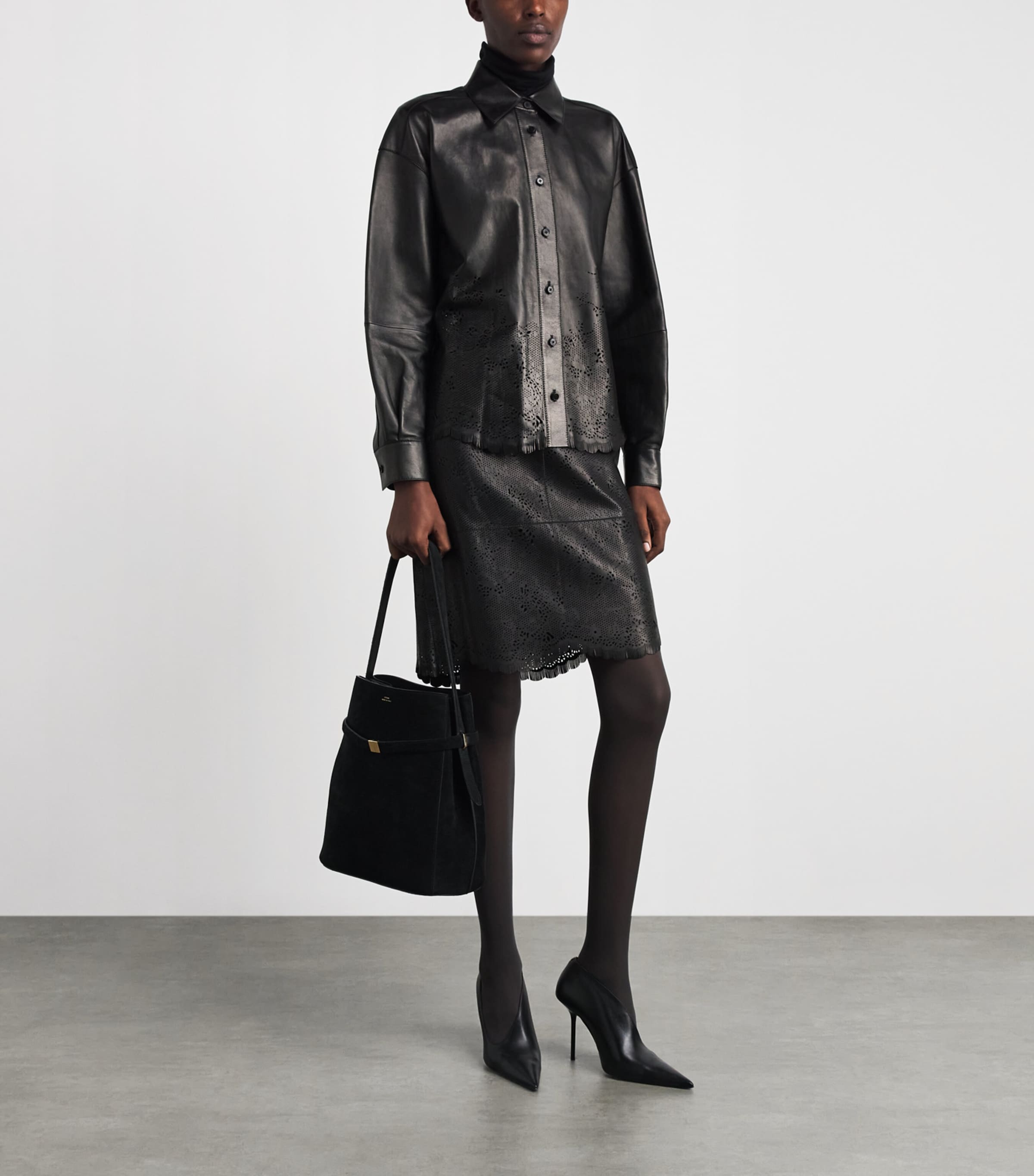 Lafayette 148 Womens Lambskin Laser-Cut Shirt Black Image 2