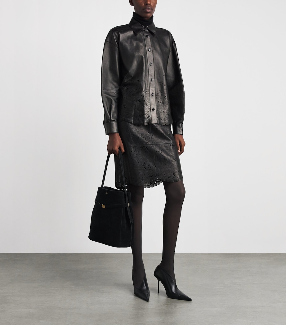 Lafayette 148 Womens Lambskin Laser-Cut Shirt Black Image 2