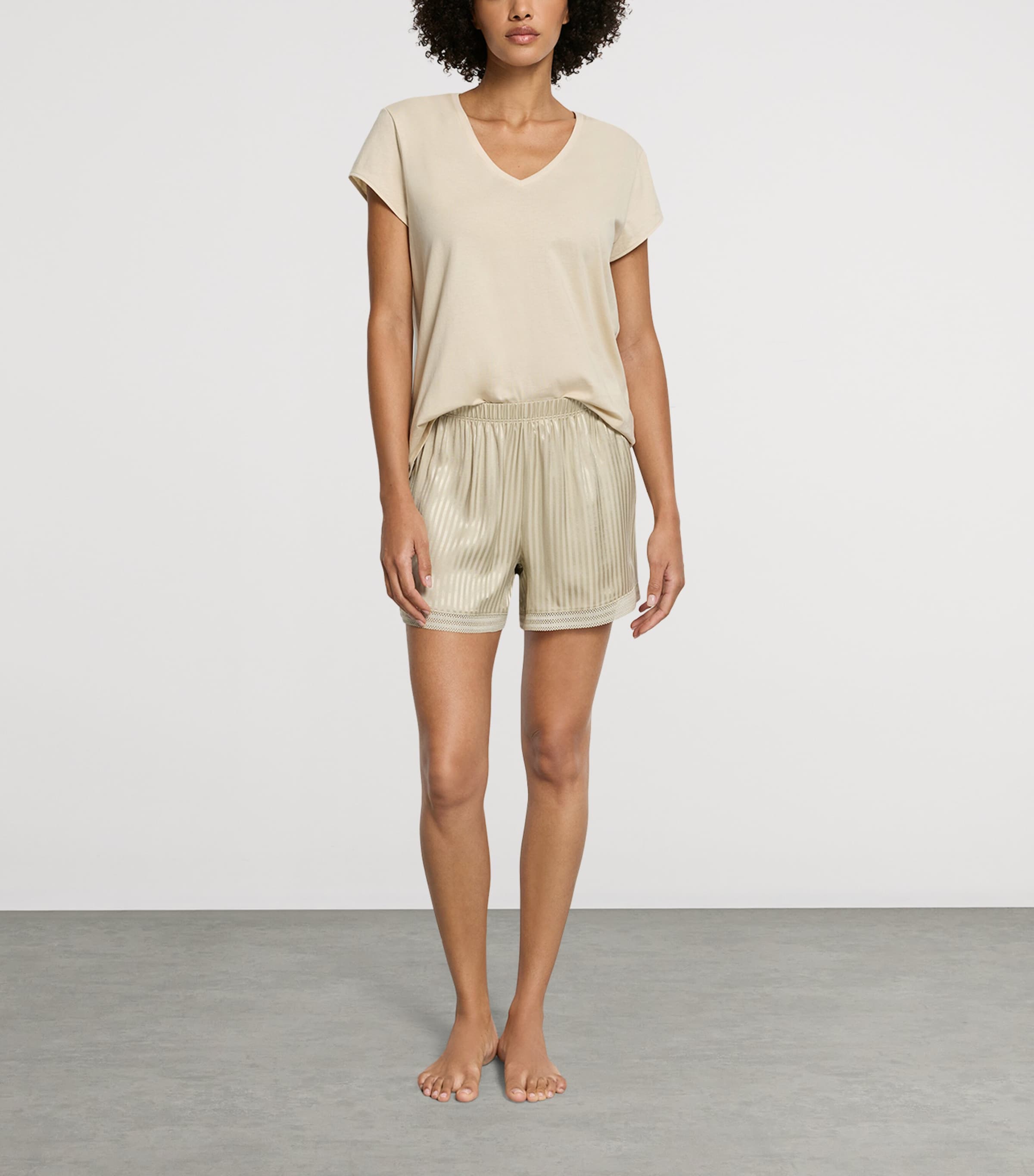 Hanro Womens Satin Striped Lounge Shorts Olive Stem Image 4