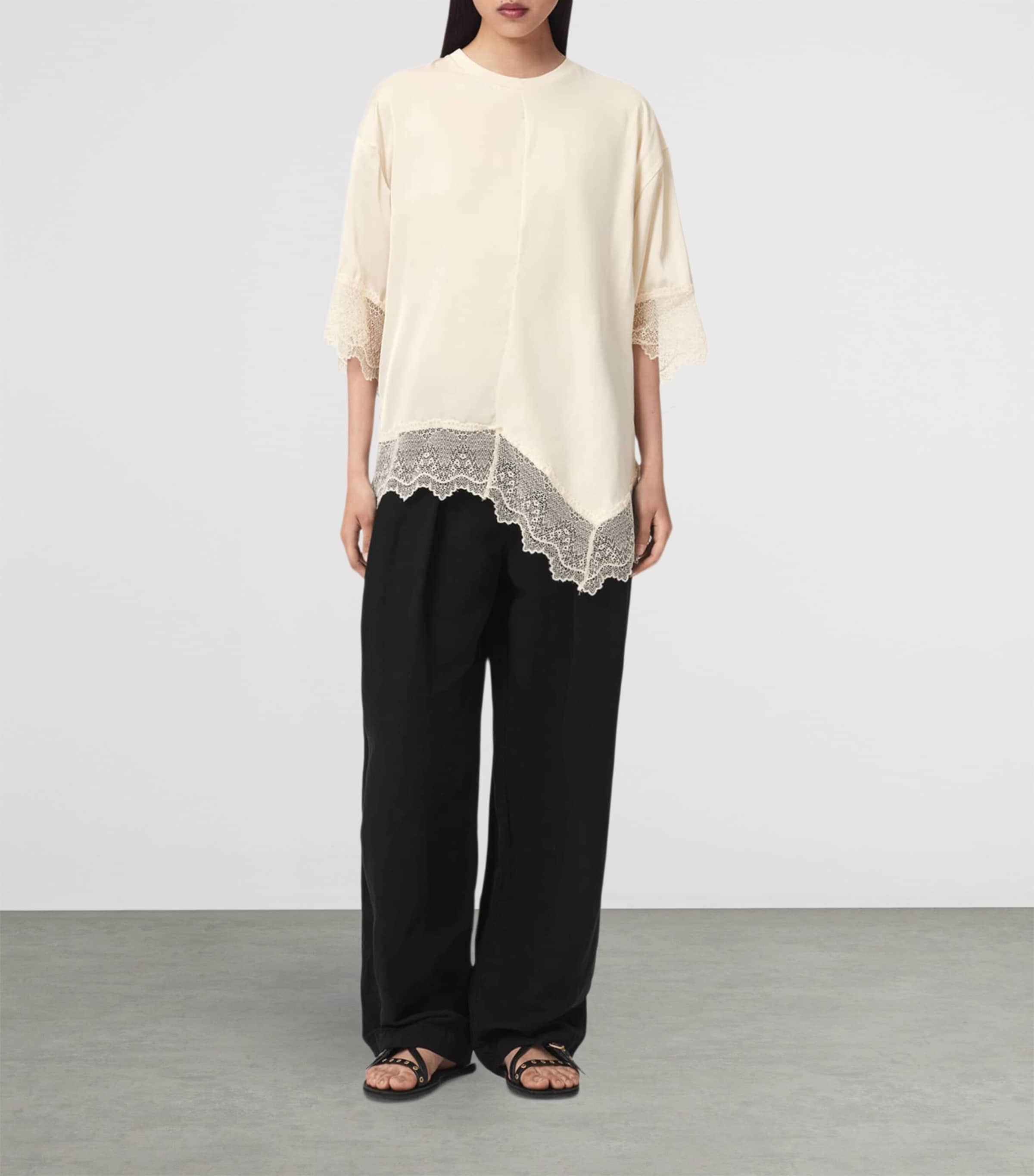 AllSaints Womens Cotton Lace-Trim Lenny T-Shirt Champagne White Image 2