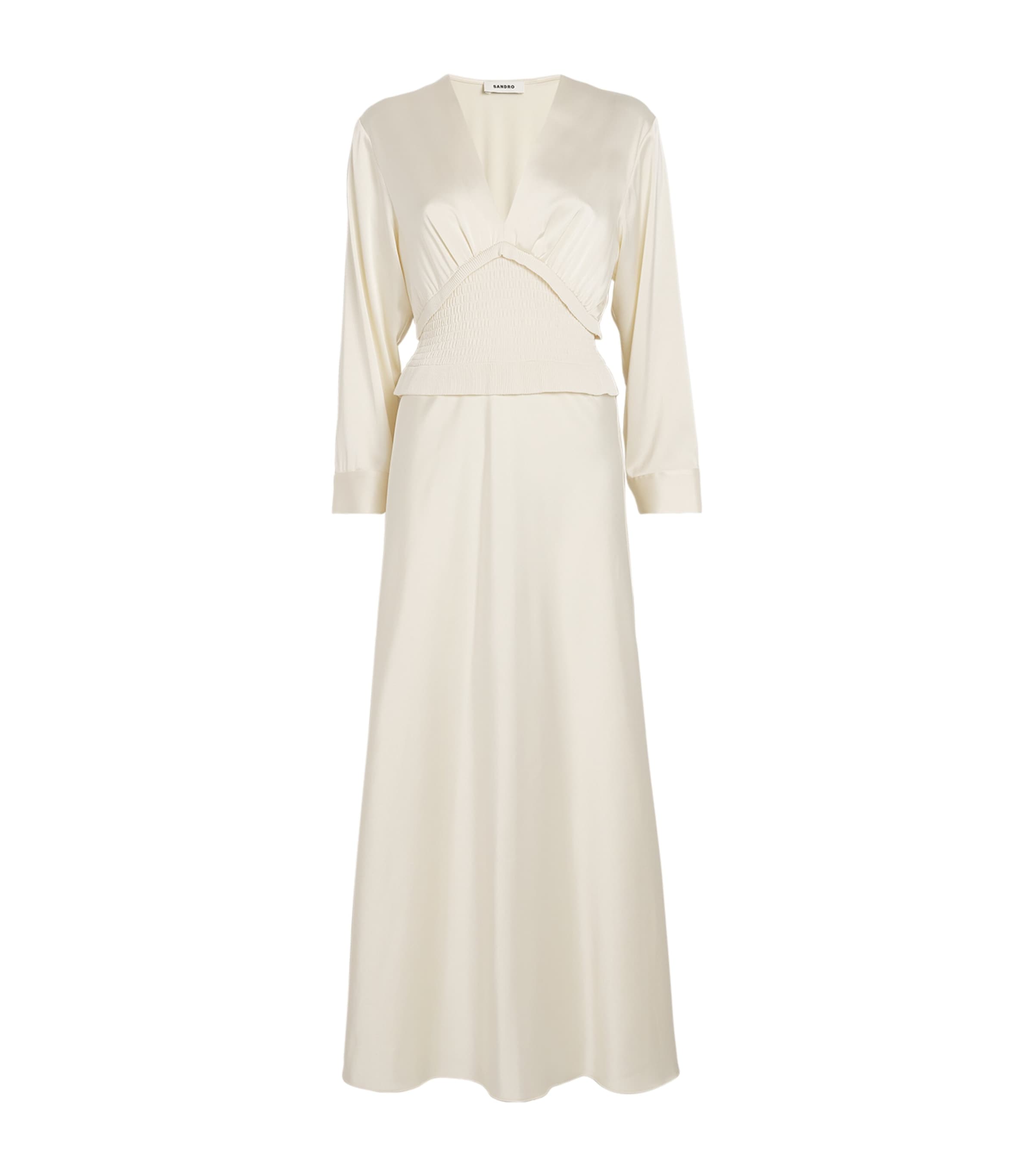 Shop Sandro Satin Smocked A-line Midi Dress In Beige