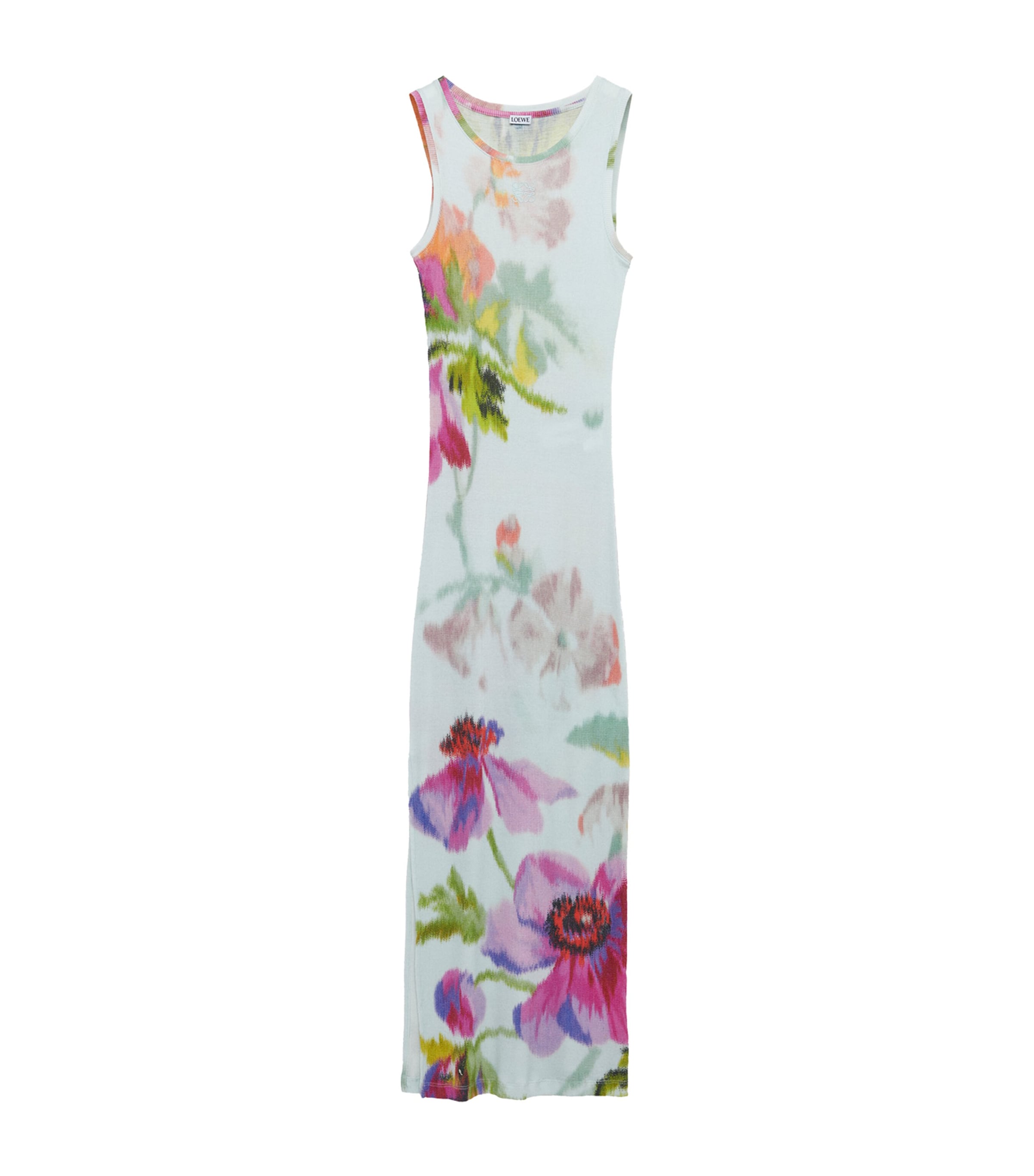 Loewe Ribbed Floral-print Silk And Cotton-blend Jersey Midi Dress In Blue