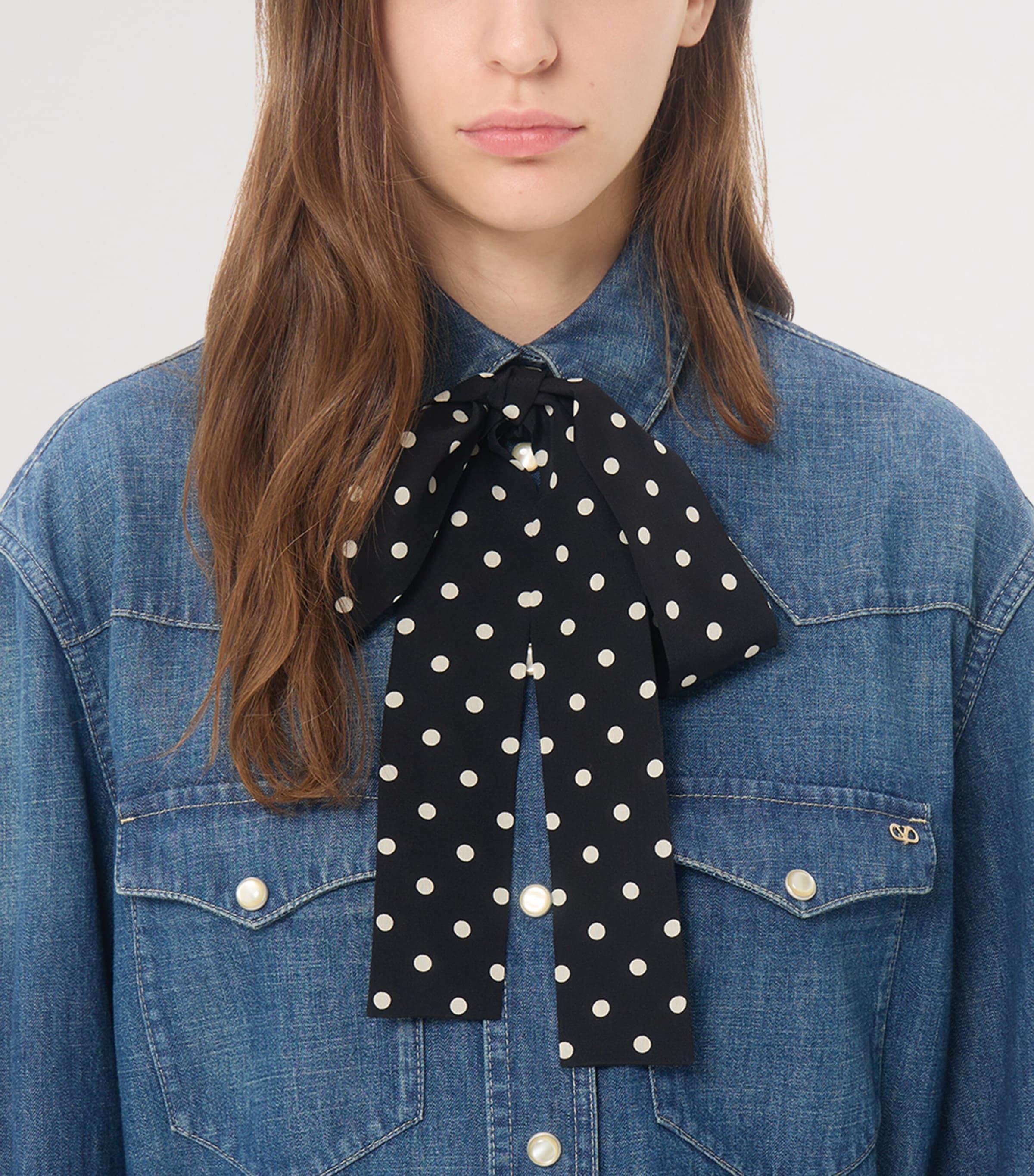 Valentino Womens Denim Polka-Dot Bow Shirt Dress Image 6
