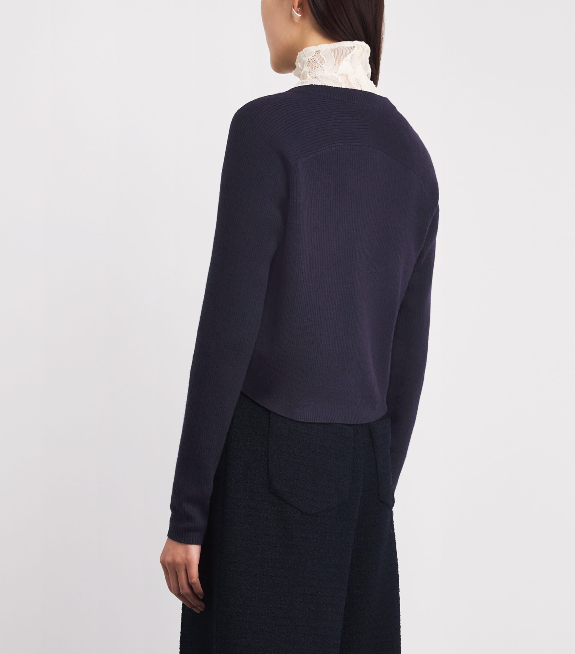 Wool Rib-Knit Bow Cardigan NAVY Image 4