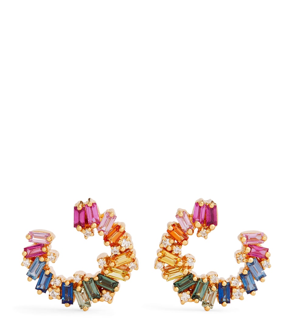 Suzanne Kalan Yellow Gold, Diamond and Rainbow Sapphire Shimmer Sideways Hoop Earrings Yg/rs