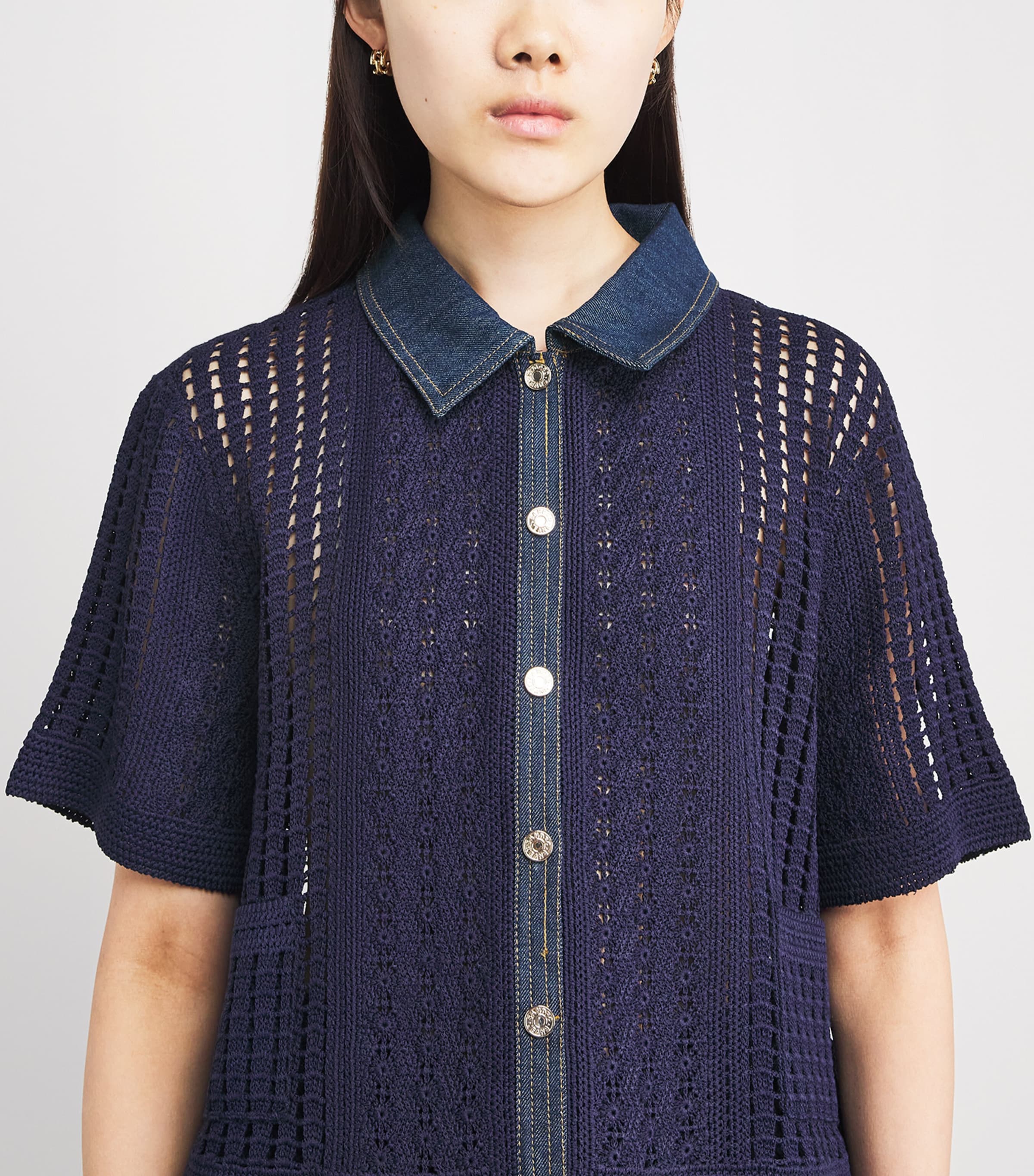 Sandro Paris Womens Crochet Denim-Trim Cardigan Navy Blue Image 3
