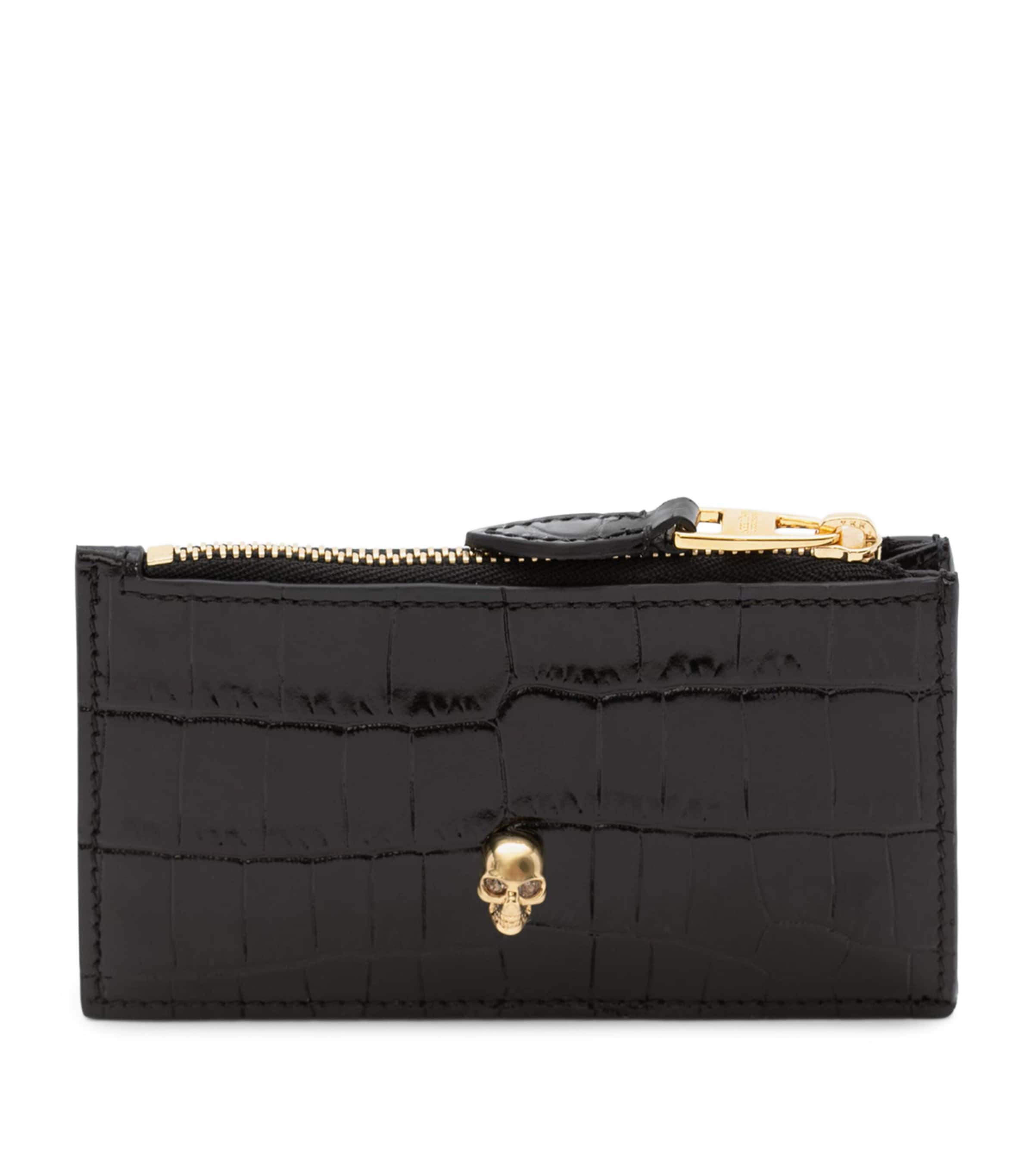 Alexander Mcqueen Alexander Mc Queen Skull Zip Crocodile Effect Leather Credit Card Case In Black