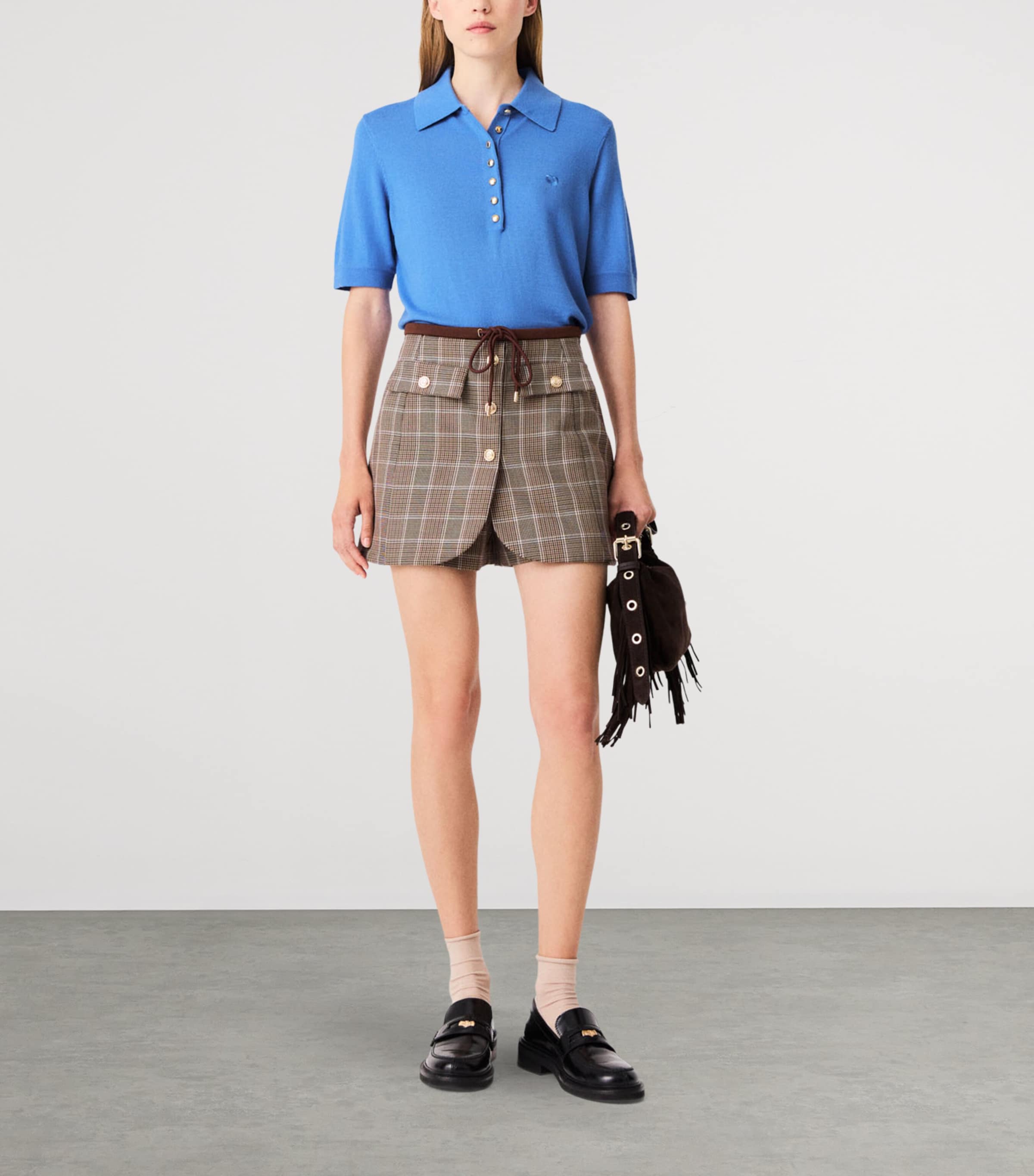 Maje Womens Wool-Cotton Check Mini Skort Brown Image 2