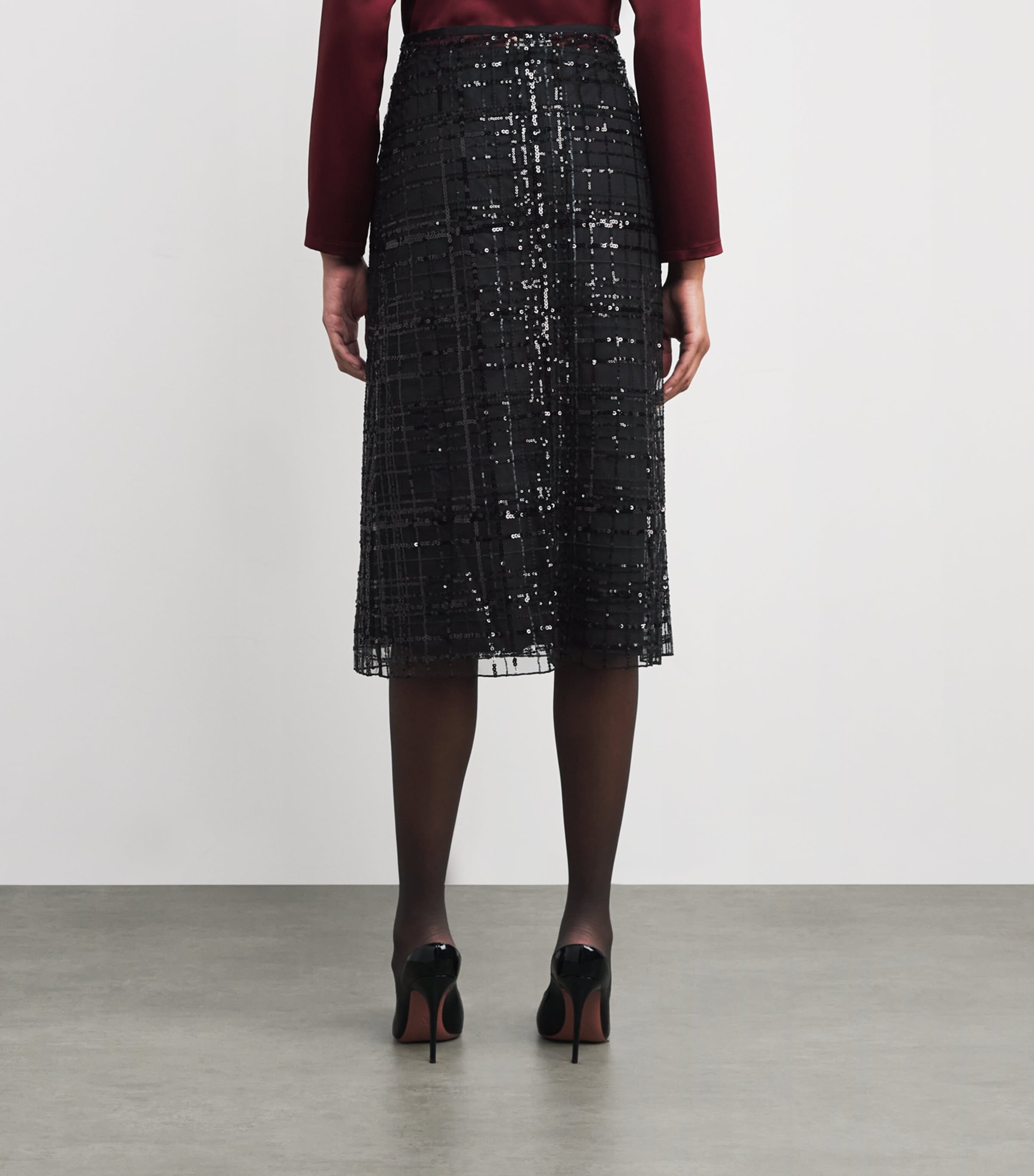 Sequin Check Midi Skirt BLACK Image 4