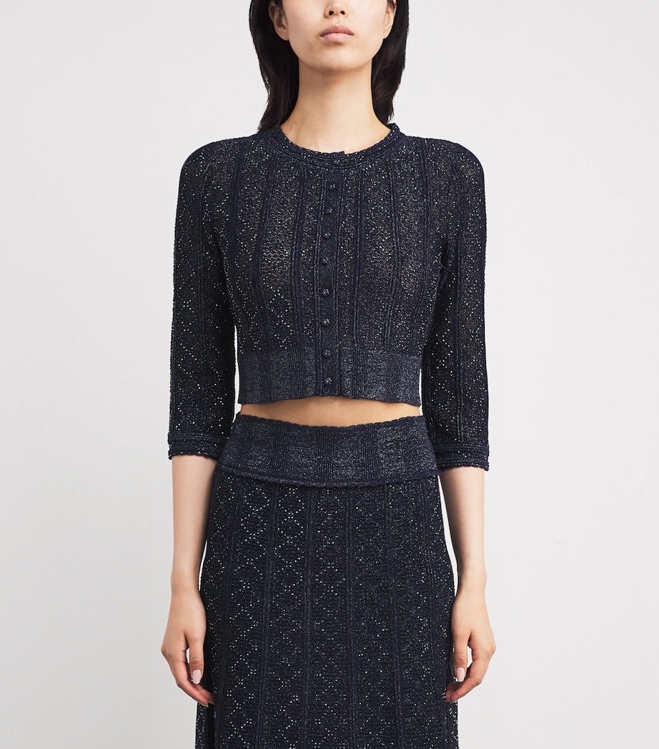 Sandro Paris Womens Embellished-Knit Cropped Cardigan Navy Blue Image 3