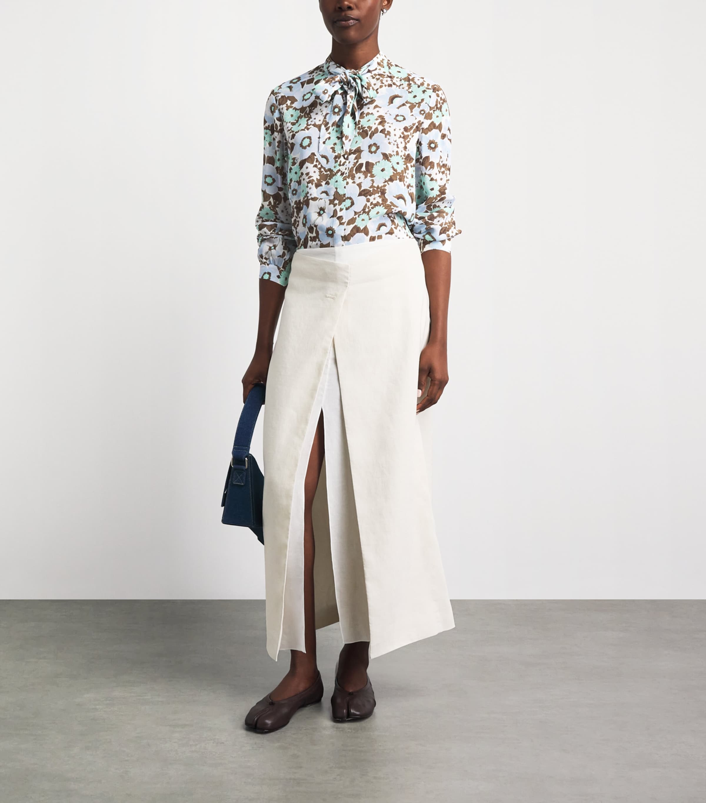 Tory Burch Womens Printed Tie-Neck Blouse Blue Floral Image 2