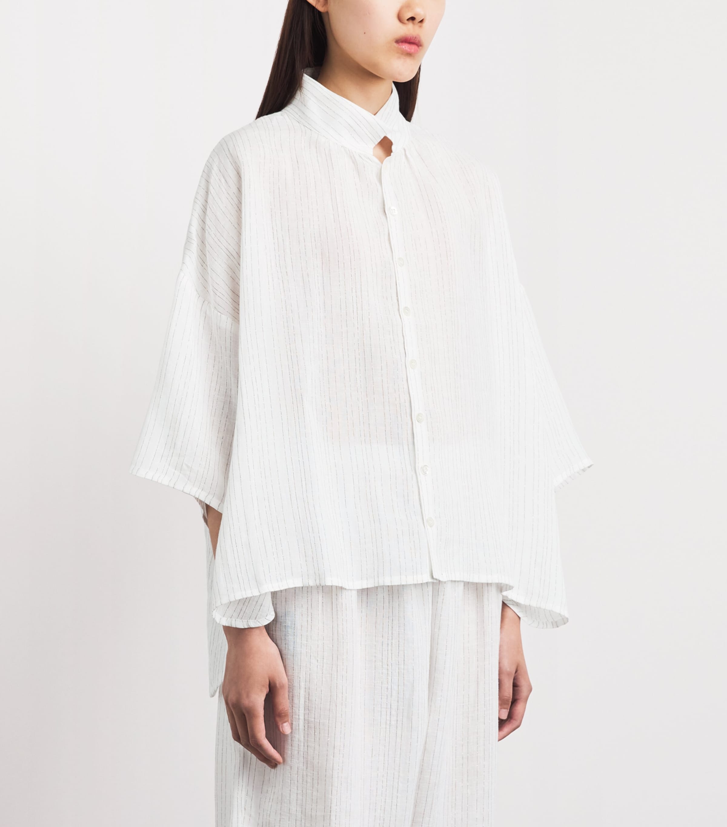 Eskandar White Linen-Blend Stand-Collar Stripe Shirt | Harrods UK