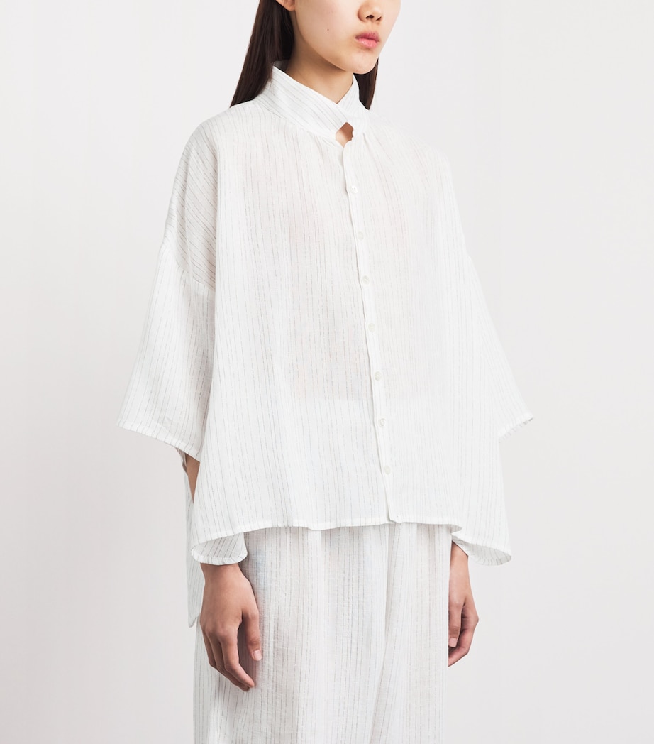 Eskandar Womens Linen-Blend Stand-Collar Stripe Shirt White Image 4
