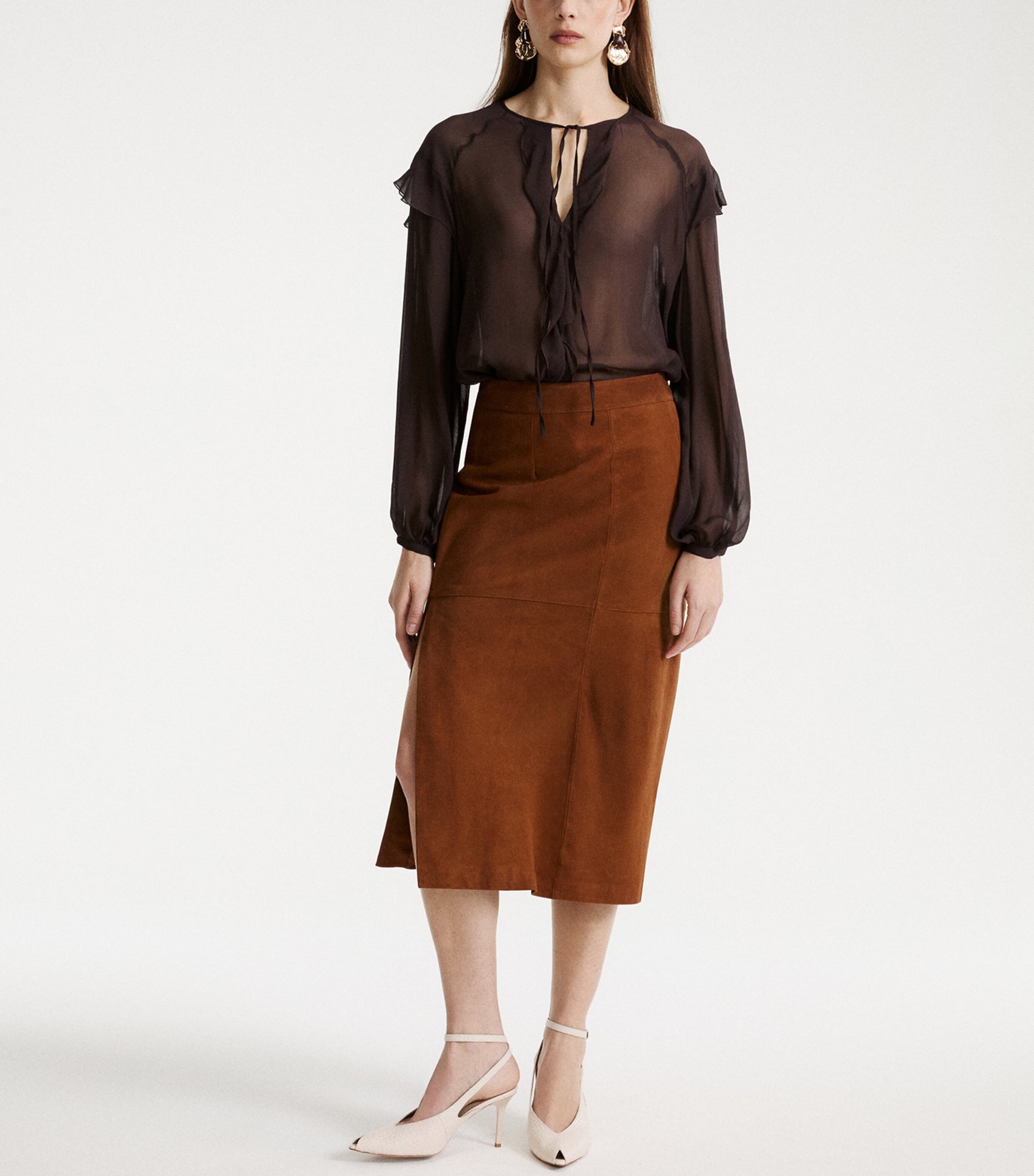 Marella Womens Suede Panelled Skirt Cognac Image 4
