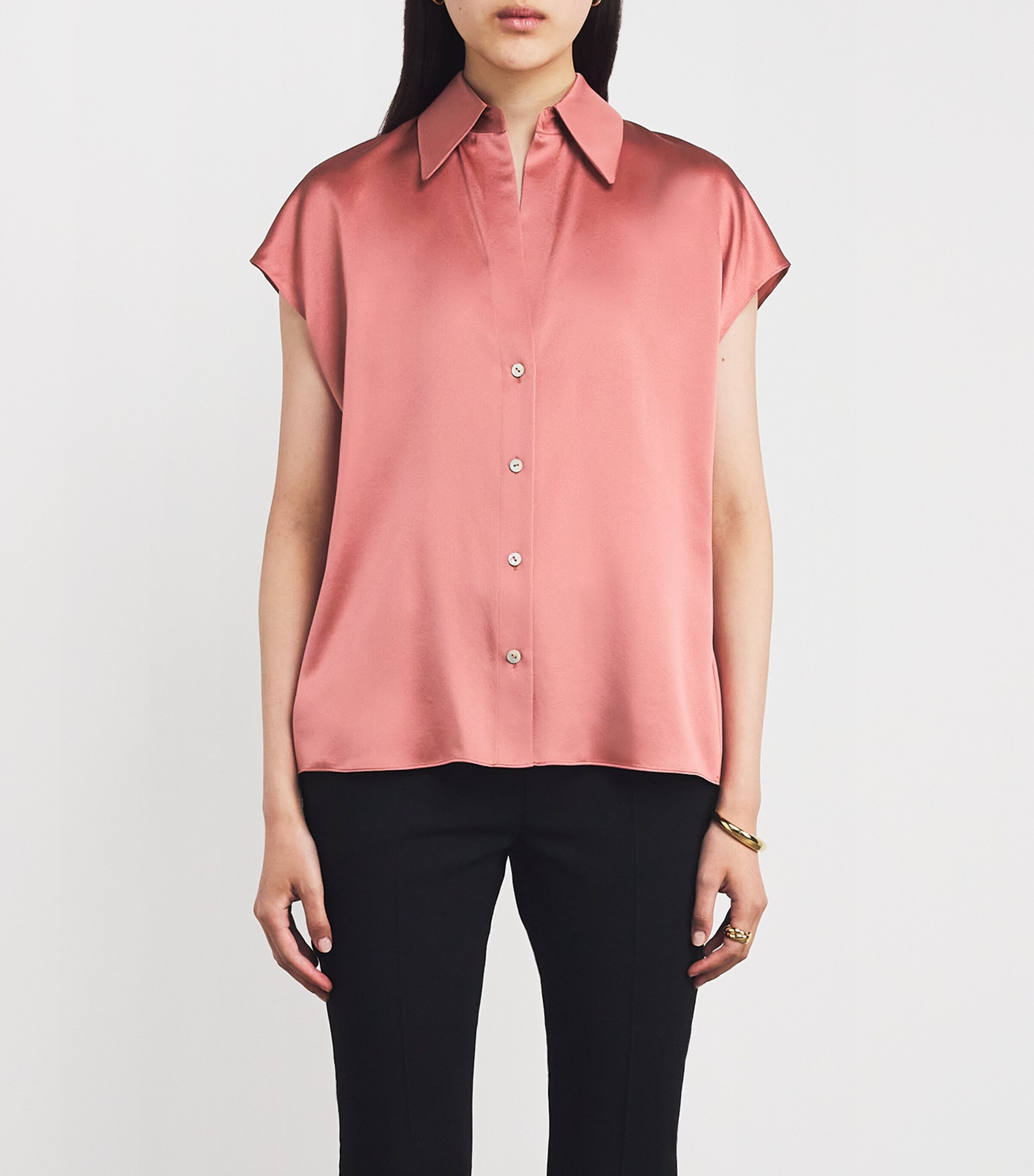 Vince Womens Silk Ruched-Back Button-Up Blouse Peony Wood Image 3