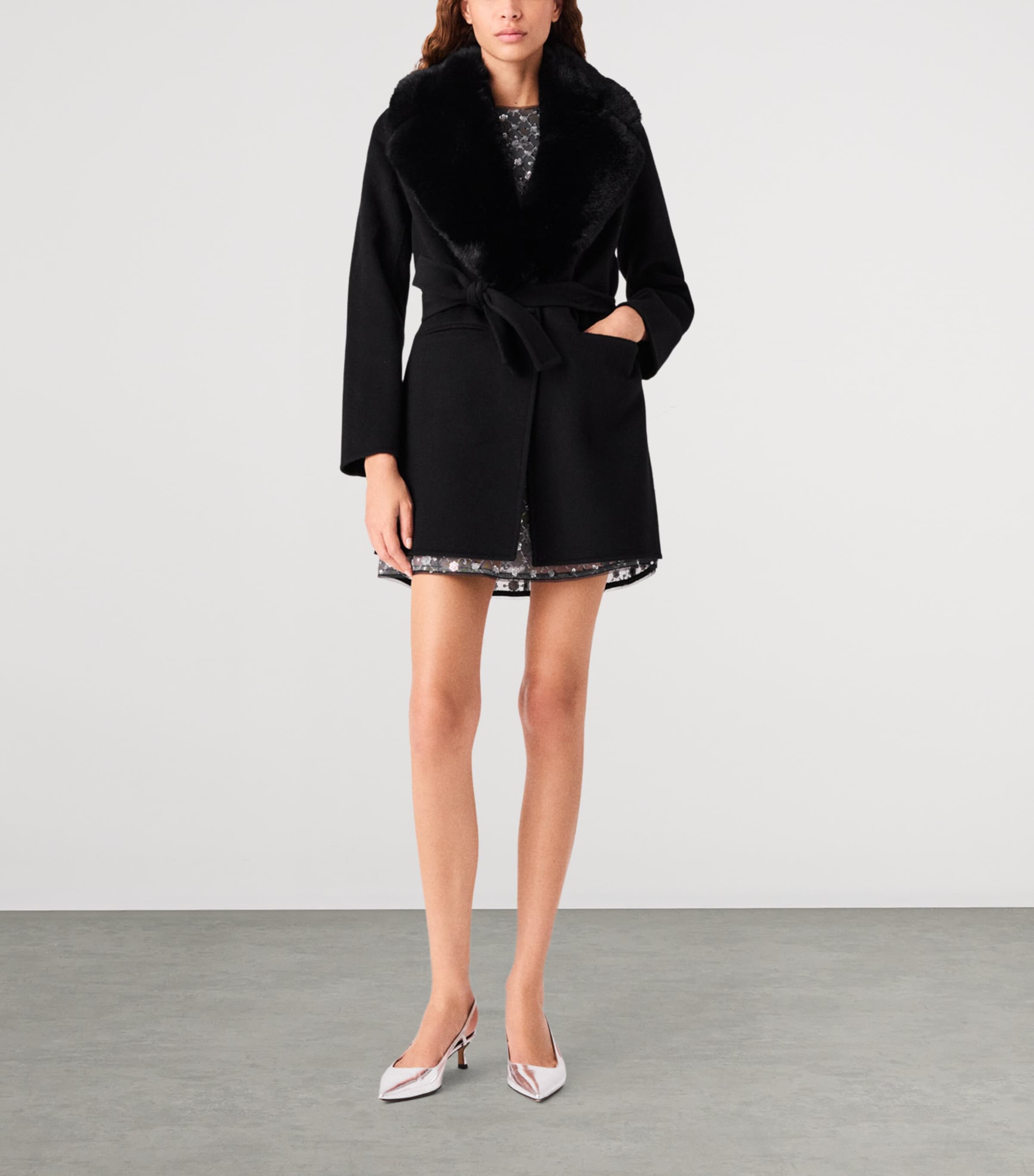 Maje Womens Wool-Blend Wrap Coat Black Image 2