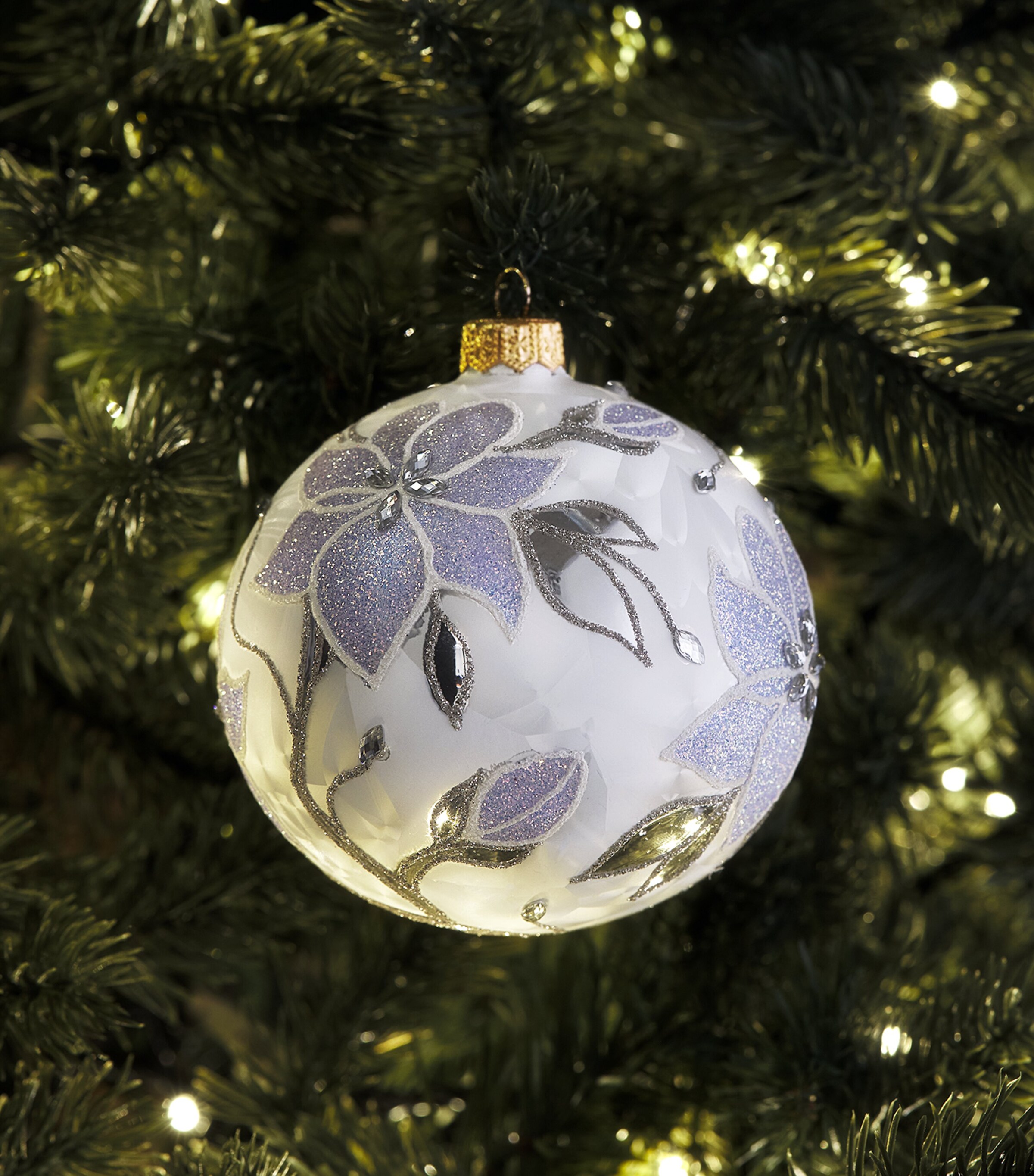 Harrods Glitter Floral Bauble White Satin Matt Image 3